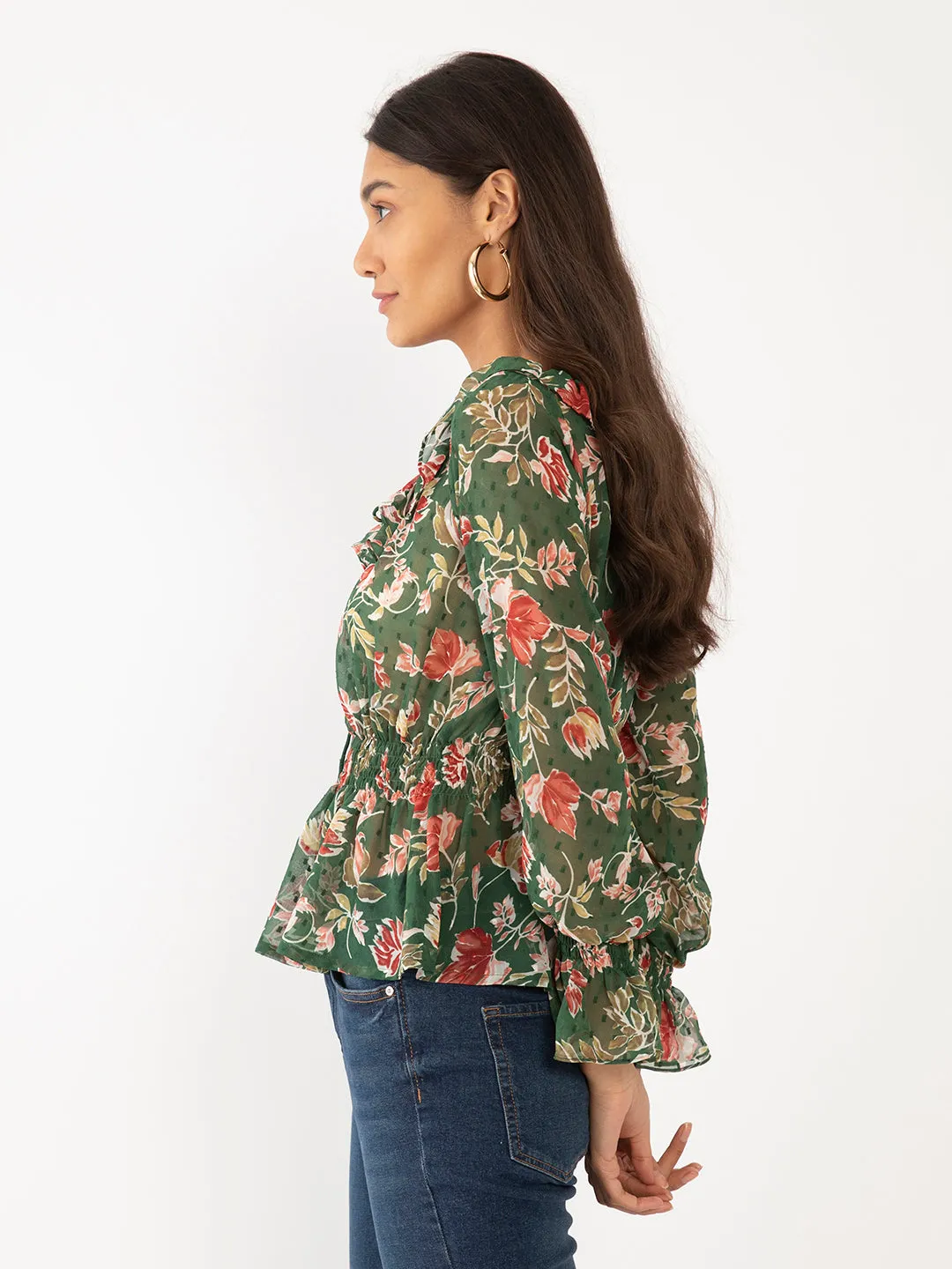 Green Floral Print Ruffled Top