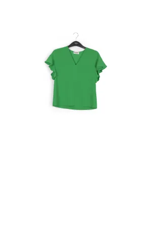 Green v-neck top with ruffled sleeves