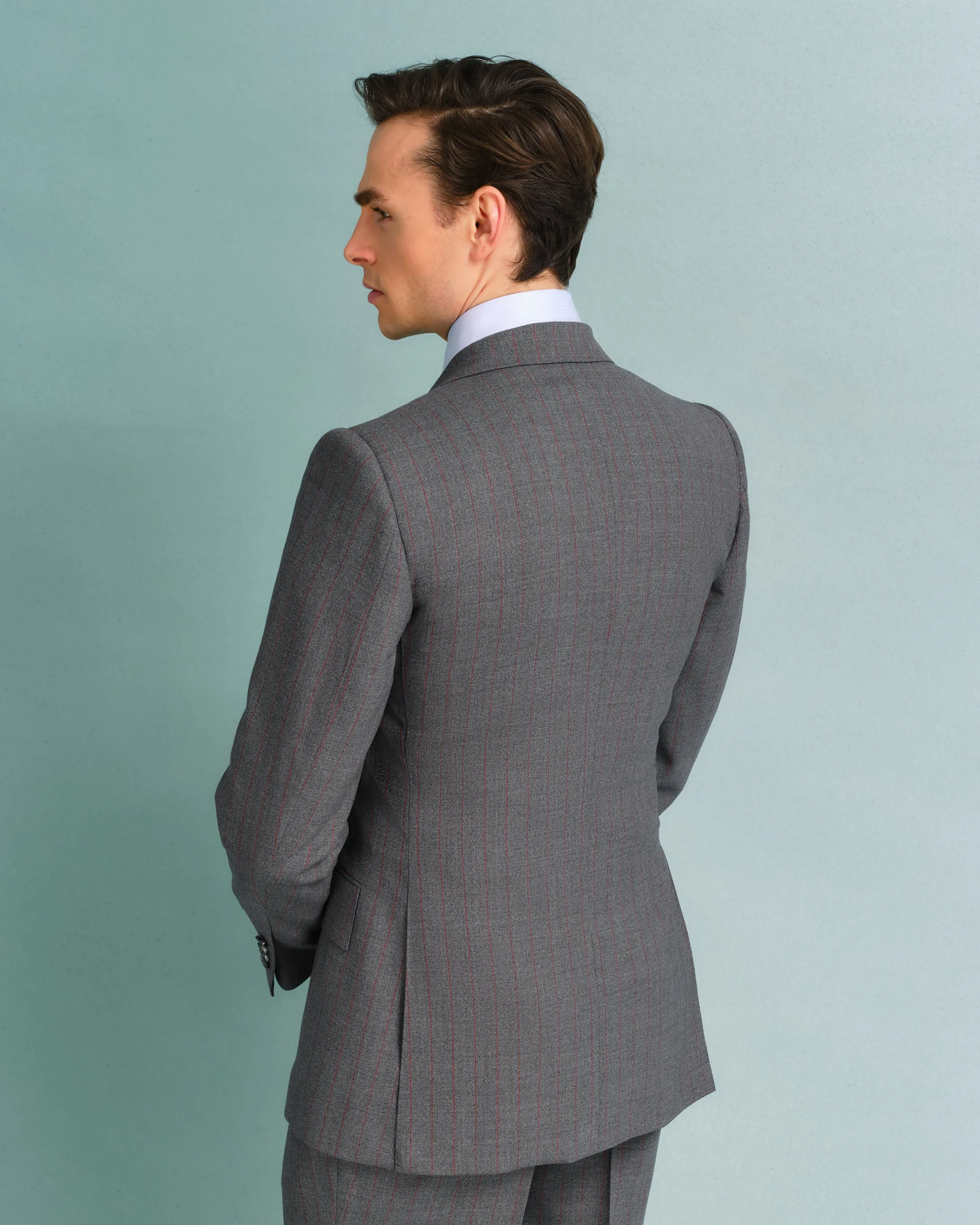 Grey and Red Pinstripe Suit
