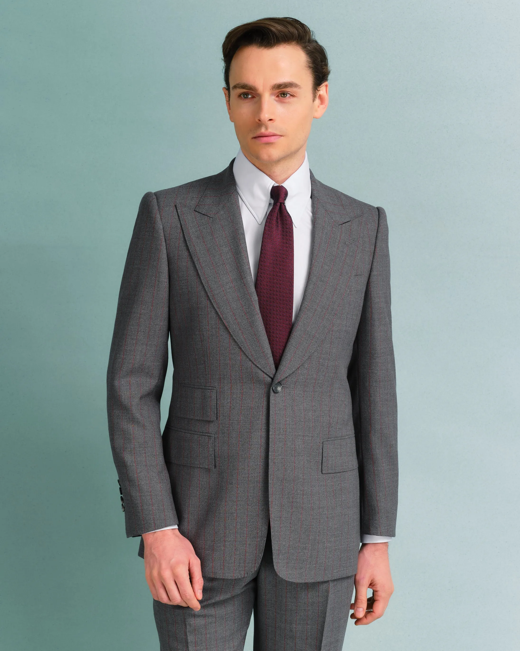 Grey and Red Pinstripe Suit