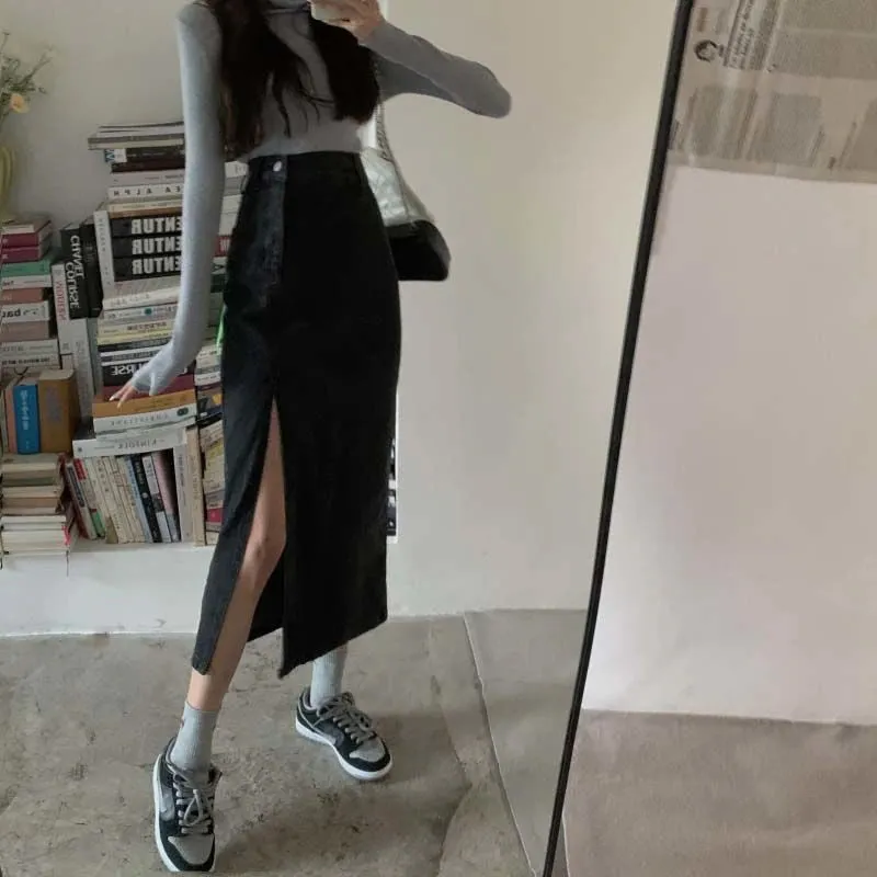 High Waist Side Slit Mid Length Denim Skirt