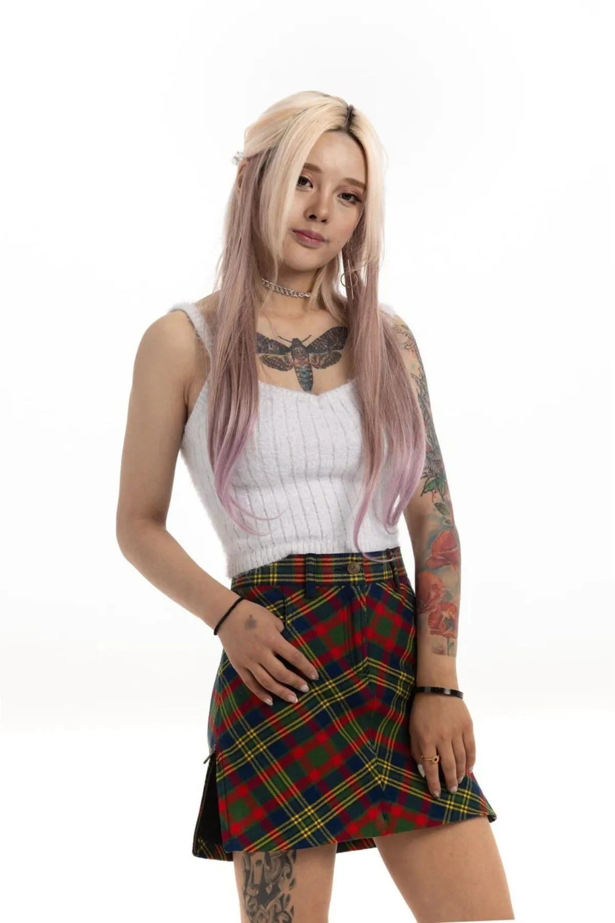 High-Waisted Tartan Plaid Mini Skirt with Side Zip Slit