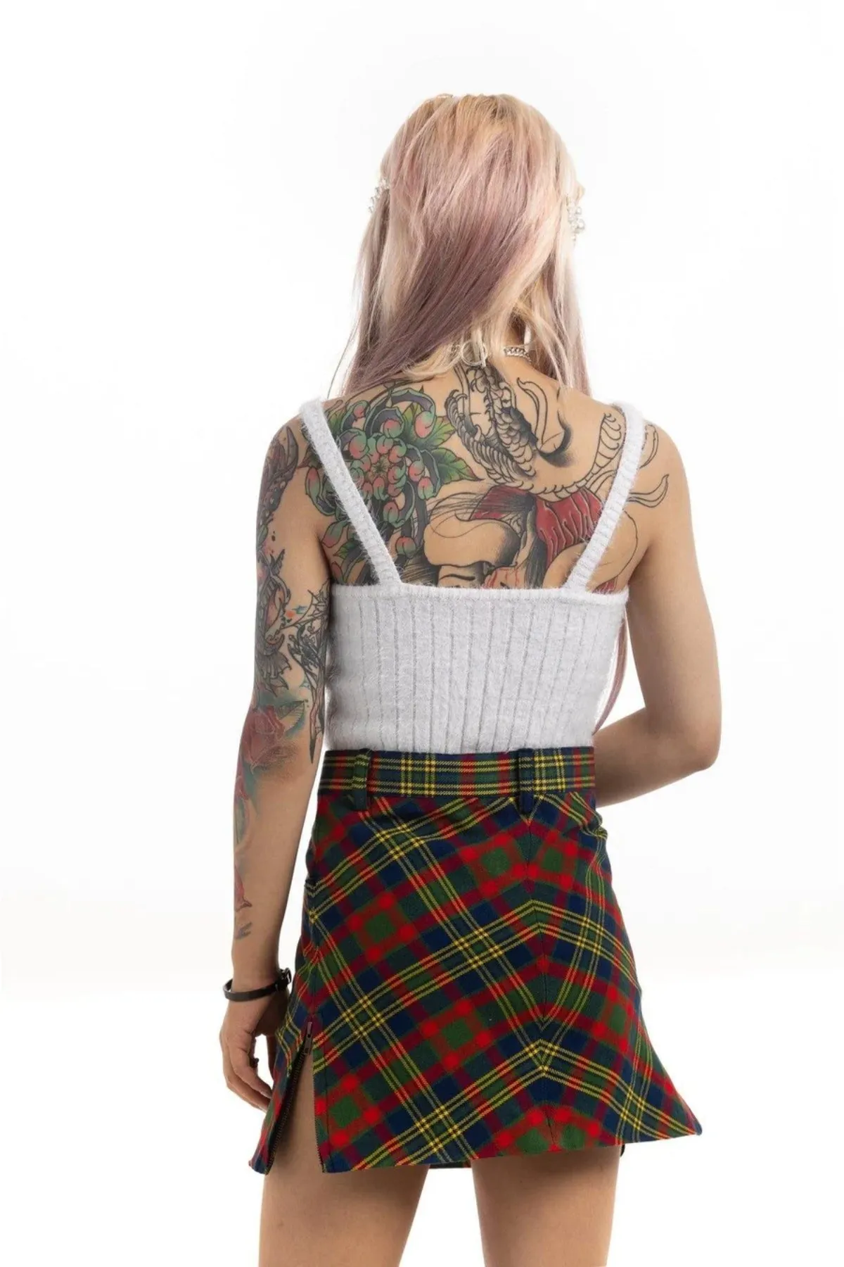 High-Waisted Tartan Plaid Mini Skirt with Side Zip Slit