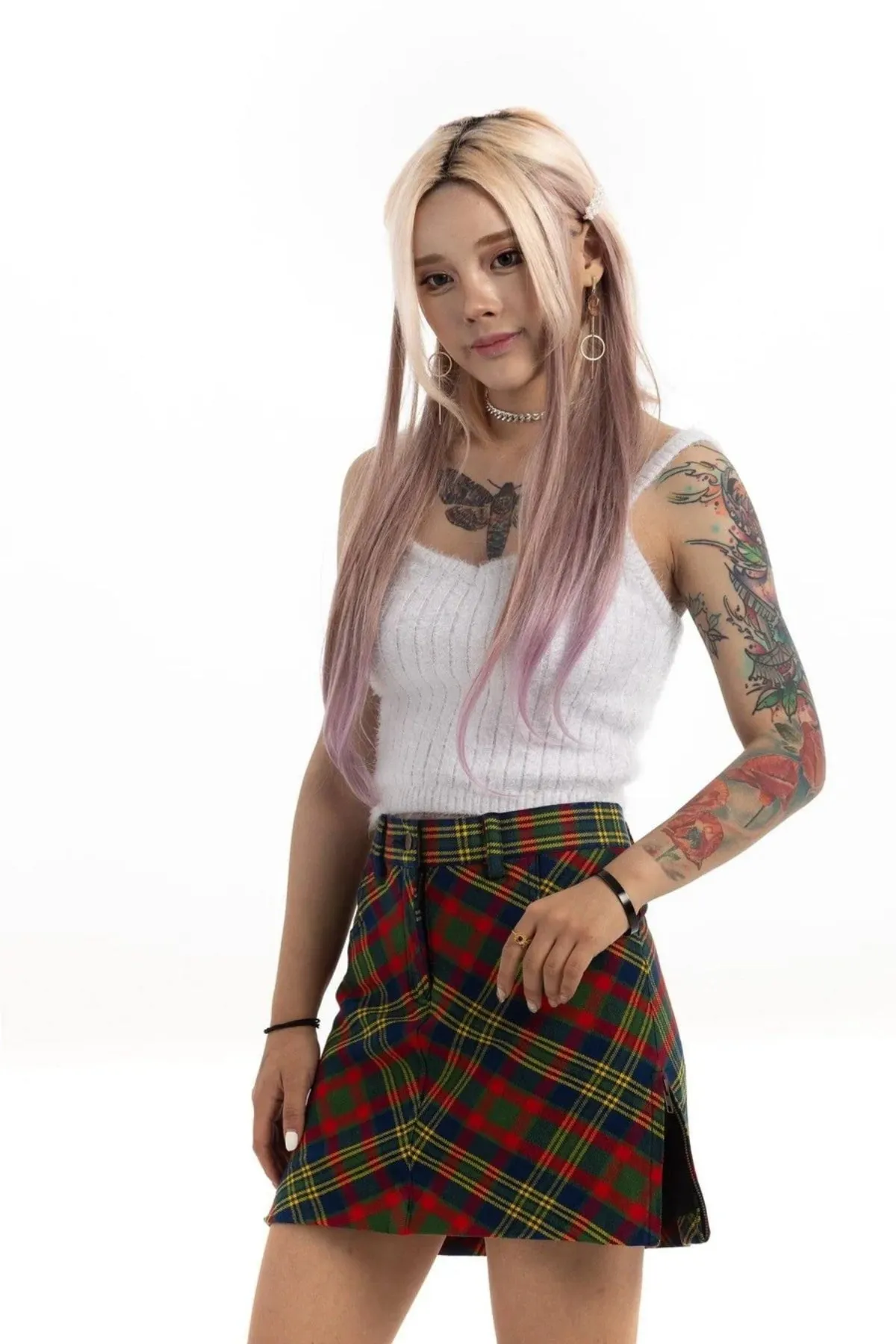High-Waisted Tartan Plaid Mini Skirt with Side Zip Slit