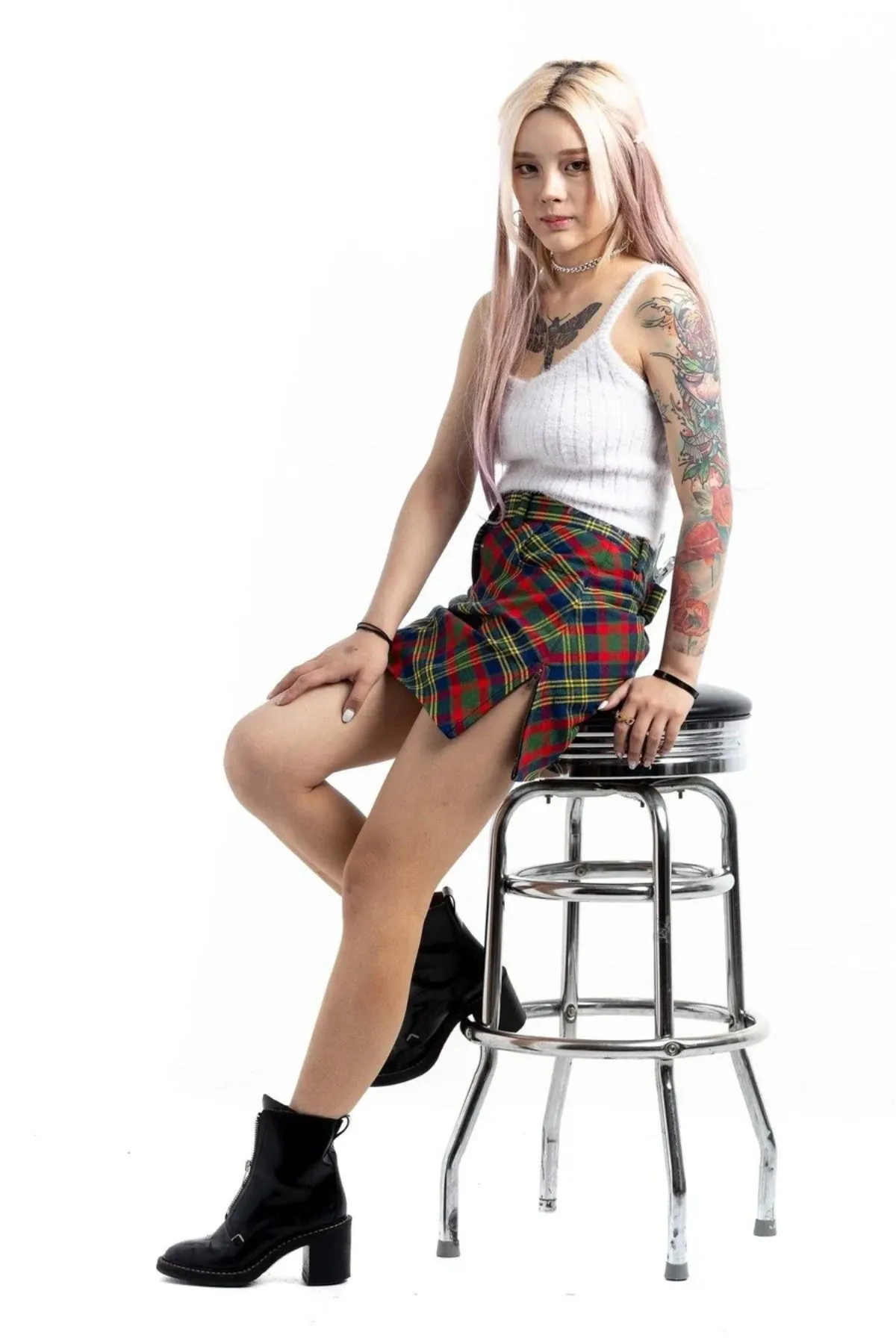 High-Waisted Tartan Plaid Mini Skirt with Side Zip Slit