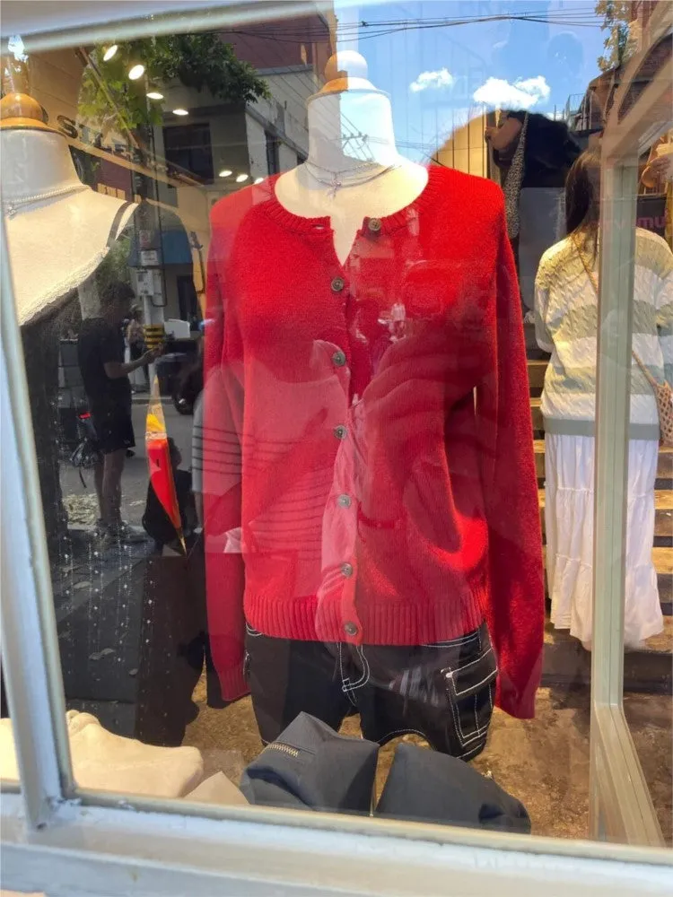 JazzHer New Vintage Red Sweater Single Breasted Cardigan Jackets Round Neck Knitting Outerwear Casual Fashion Pullovers Top Christmas