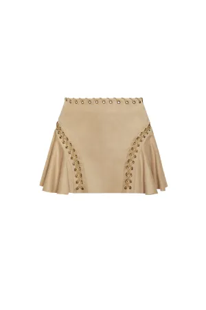 Lace-Up Mid-Rise Mini Skirt in Tan