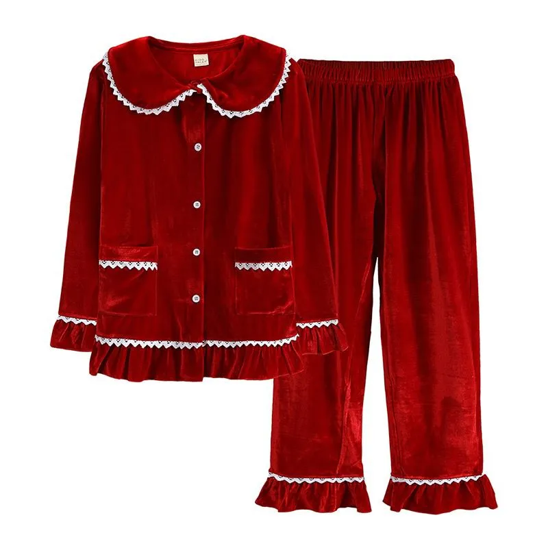 Ladies Cotton Velour Pyjamas - Christmas Red