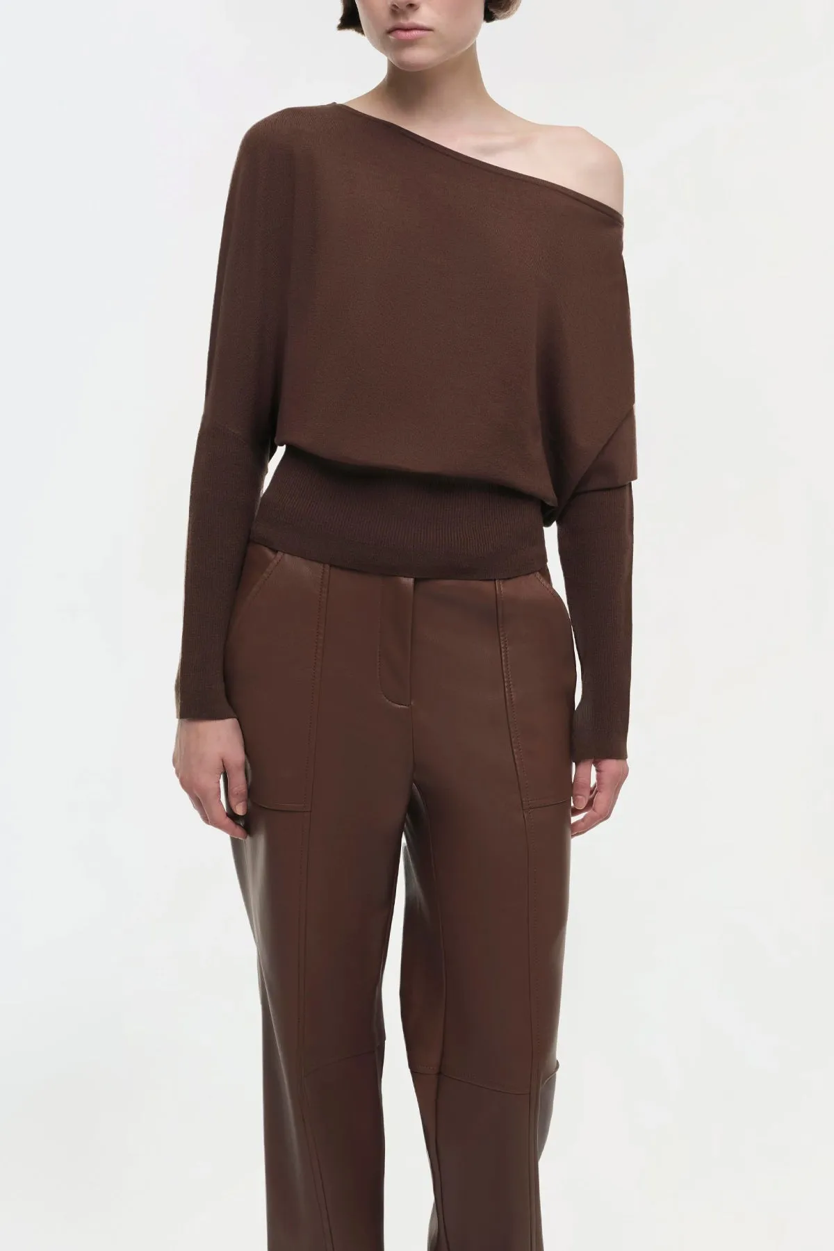 Lavina Draped Off Shoulder Sweater in Chocolate