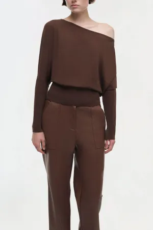 Lavina Draped Off Shoulder Sweater in Chocolate