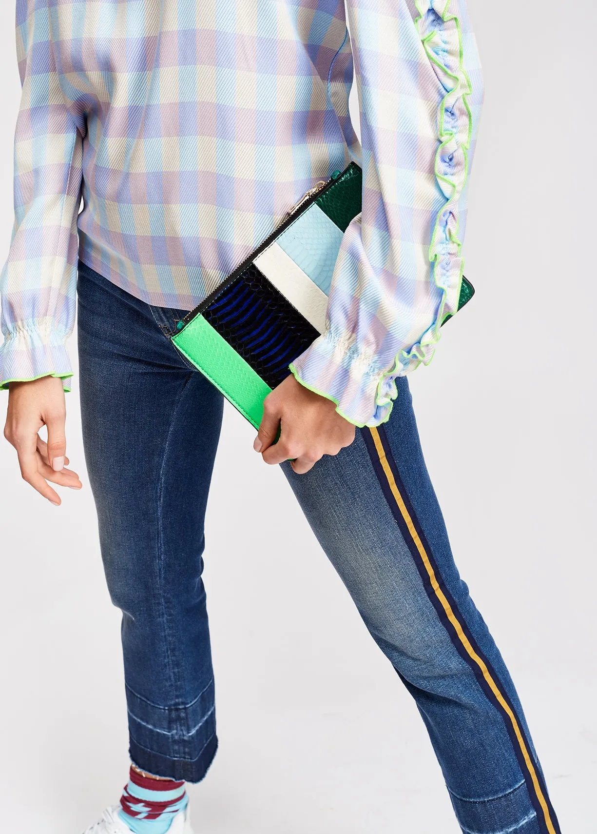 Light blue and purple checked top with ruffled sleeves