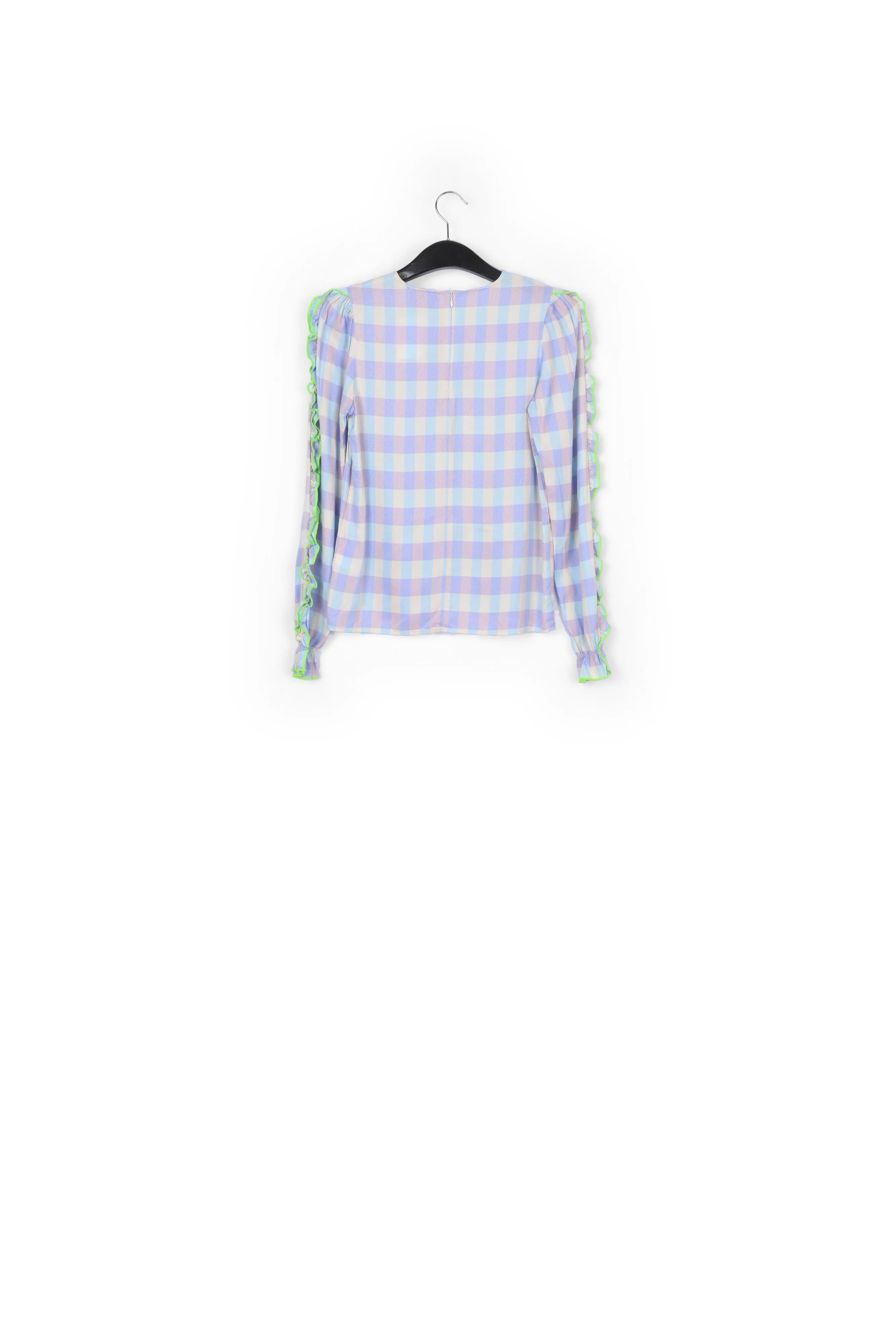 Light blue and purple checked top with ruffled sleeves