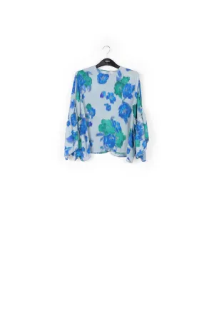 Light blue, blue and green floral printed top with ruffled sleeves