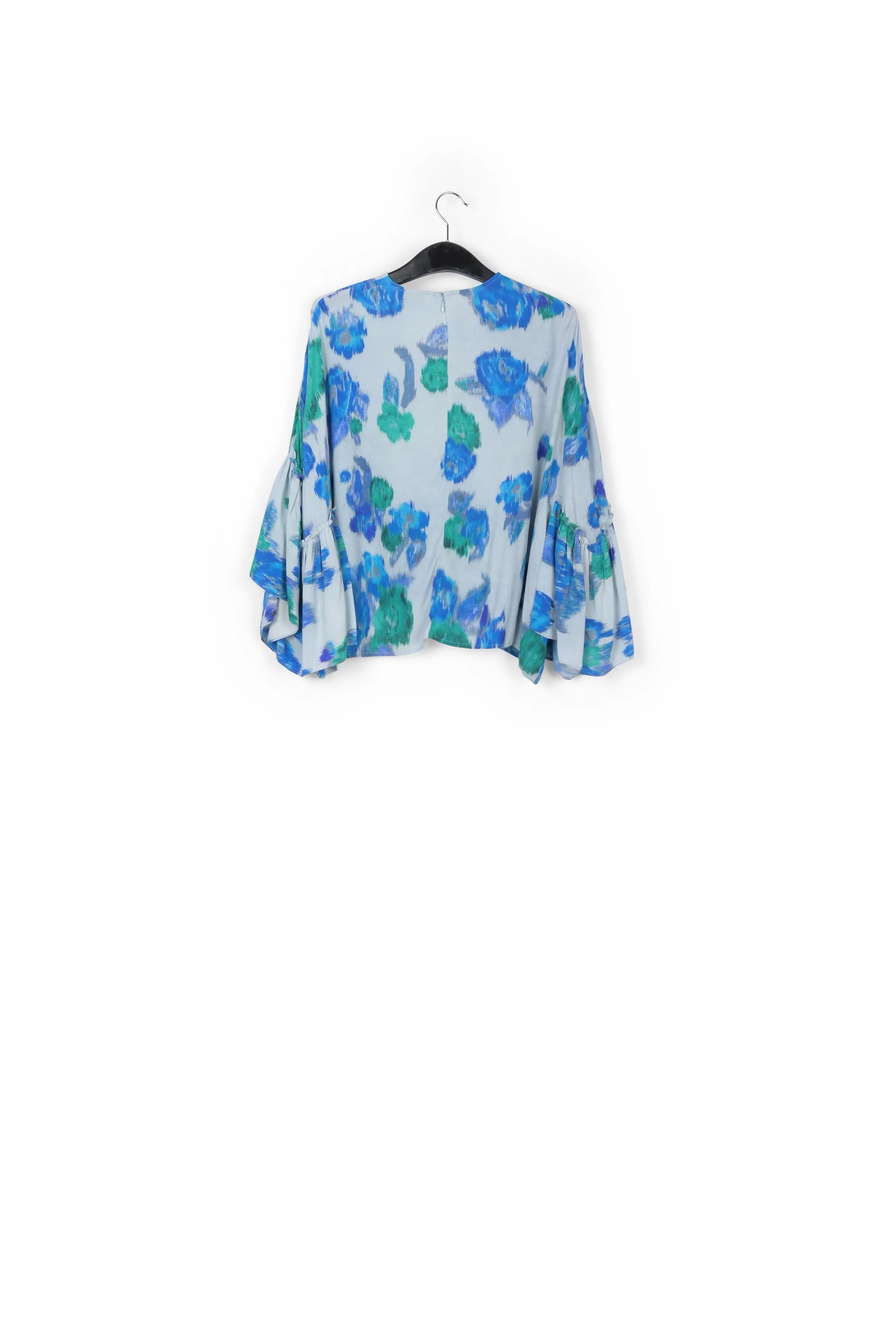 Light blue, blue and green floral printed top with ruffled sleeves