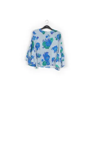 Light blue, blue and green floral printed top with ruffled sleeves