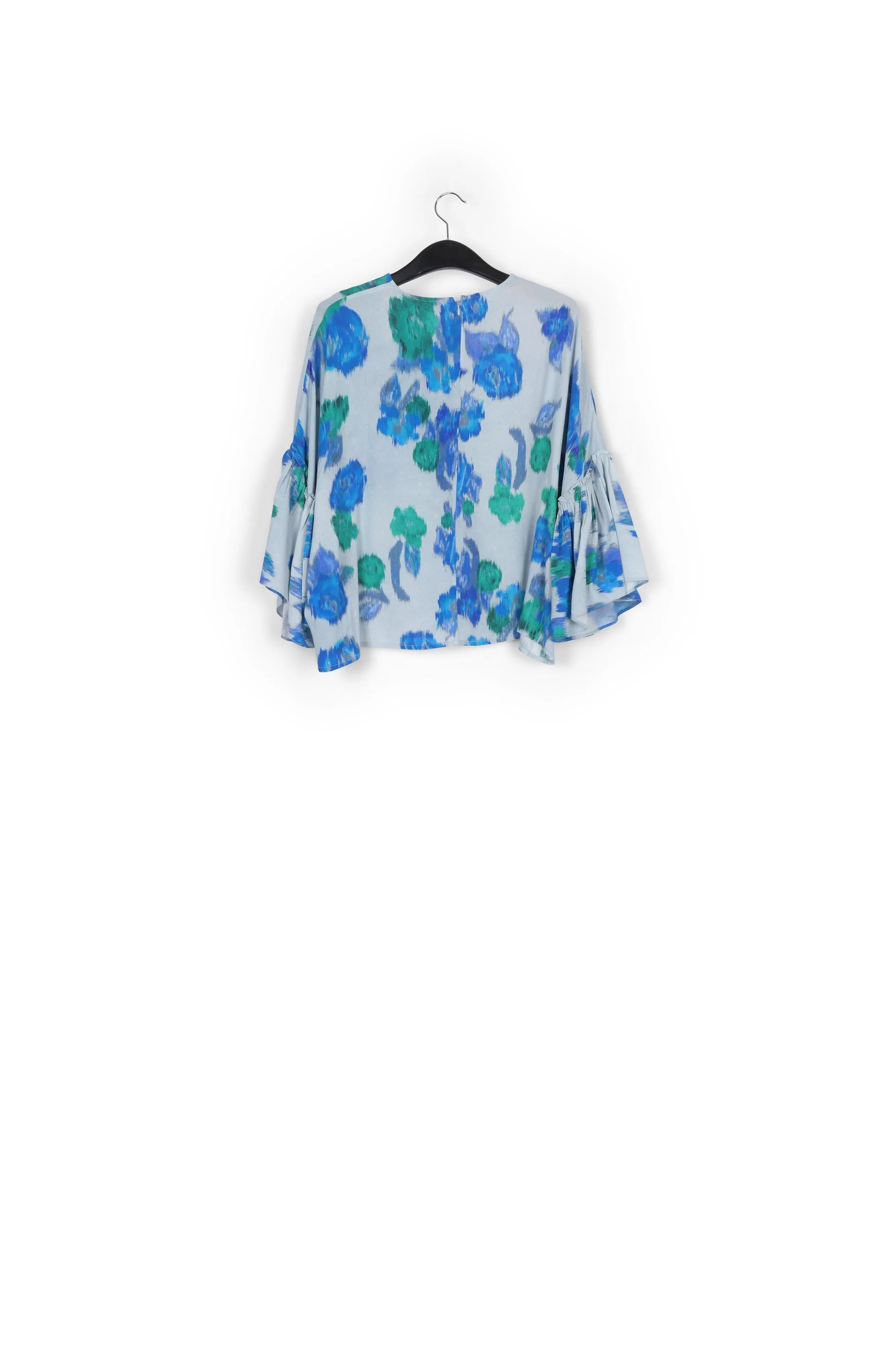 Light blue, blue and green floral printed top with ruffled sleeves
