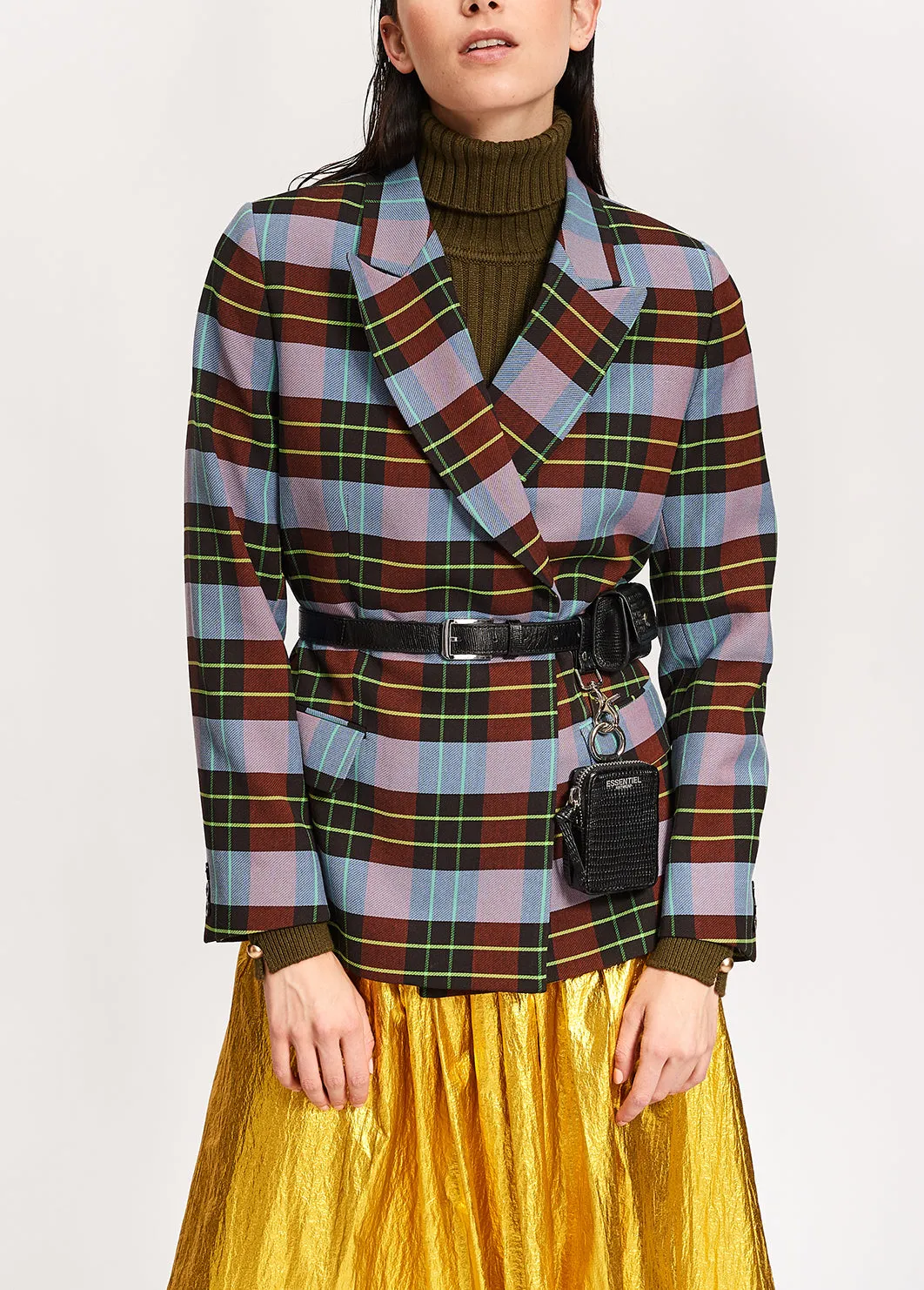 Light blue, burgundy and black plaid double-breasted blazer