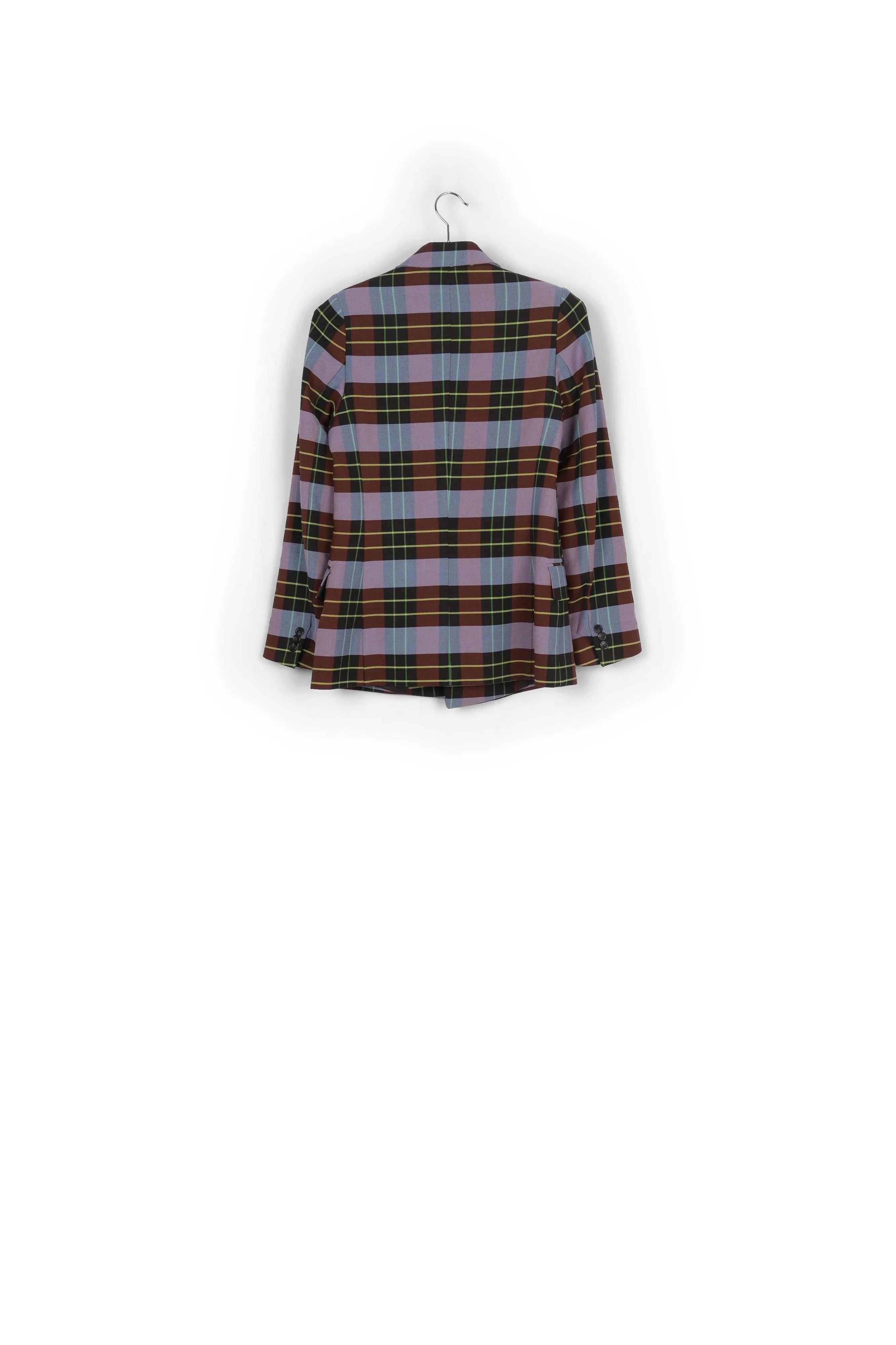 Light blue, burgundy and black plaid double-breasted blazer