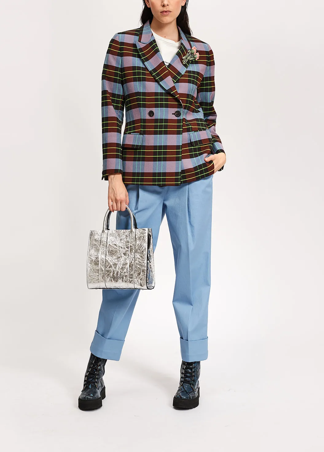 Light blue, burgundy and black plaid double-breasted blazer