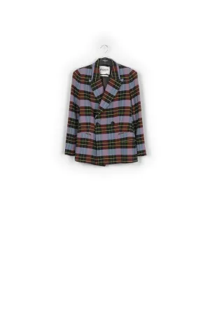 Light blue, burgundy and black plaid double-breasted blazer