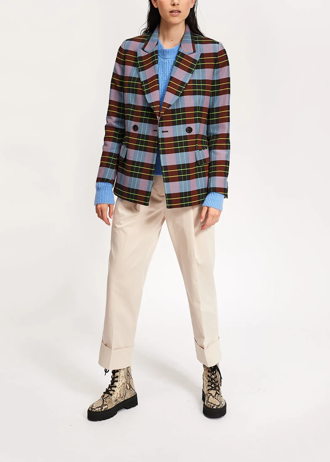 Light blue, burgundy and black plaid double-breasted blazer