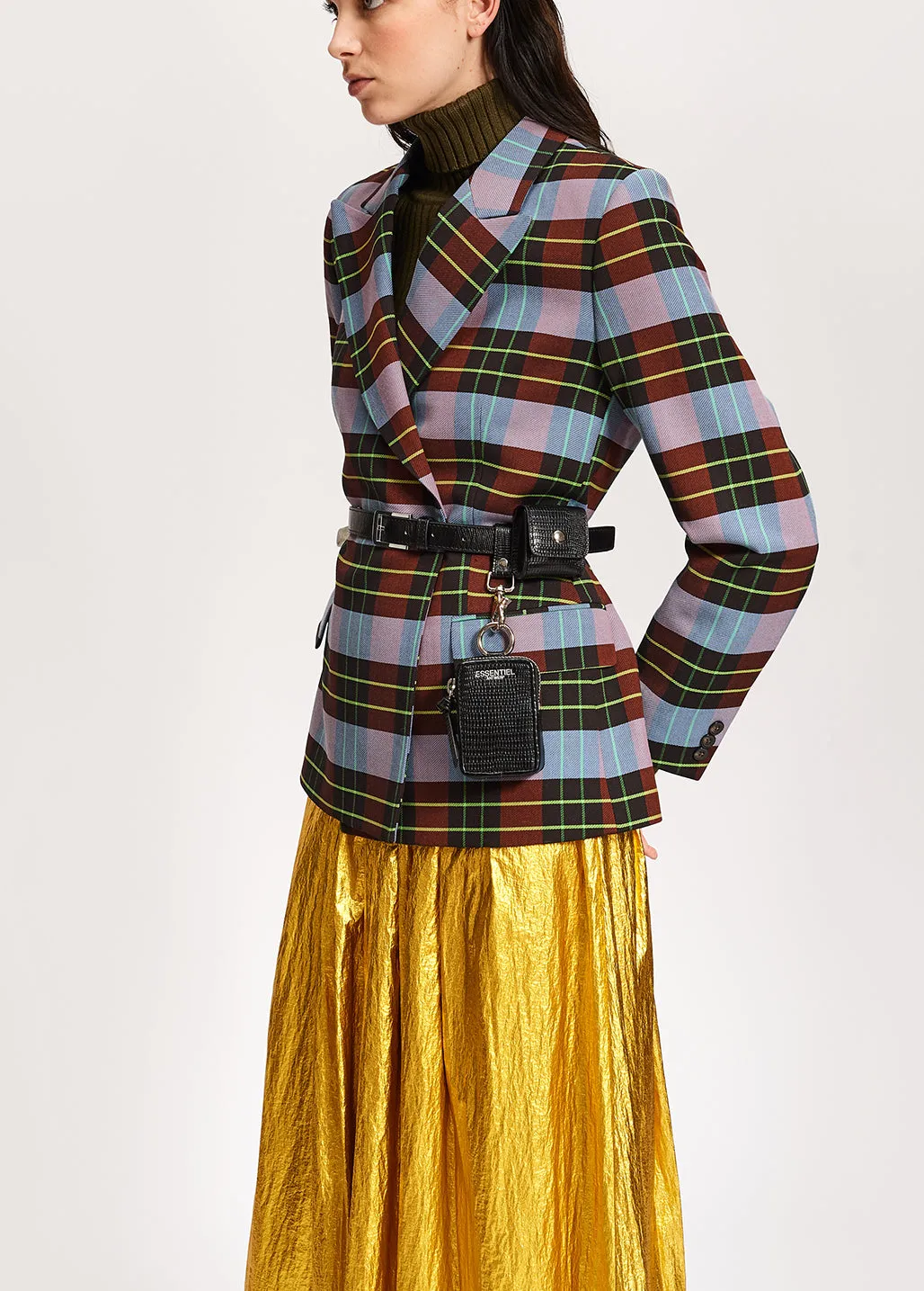 Light blue, burgundy and black plaid double-breasted blazer