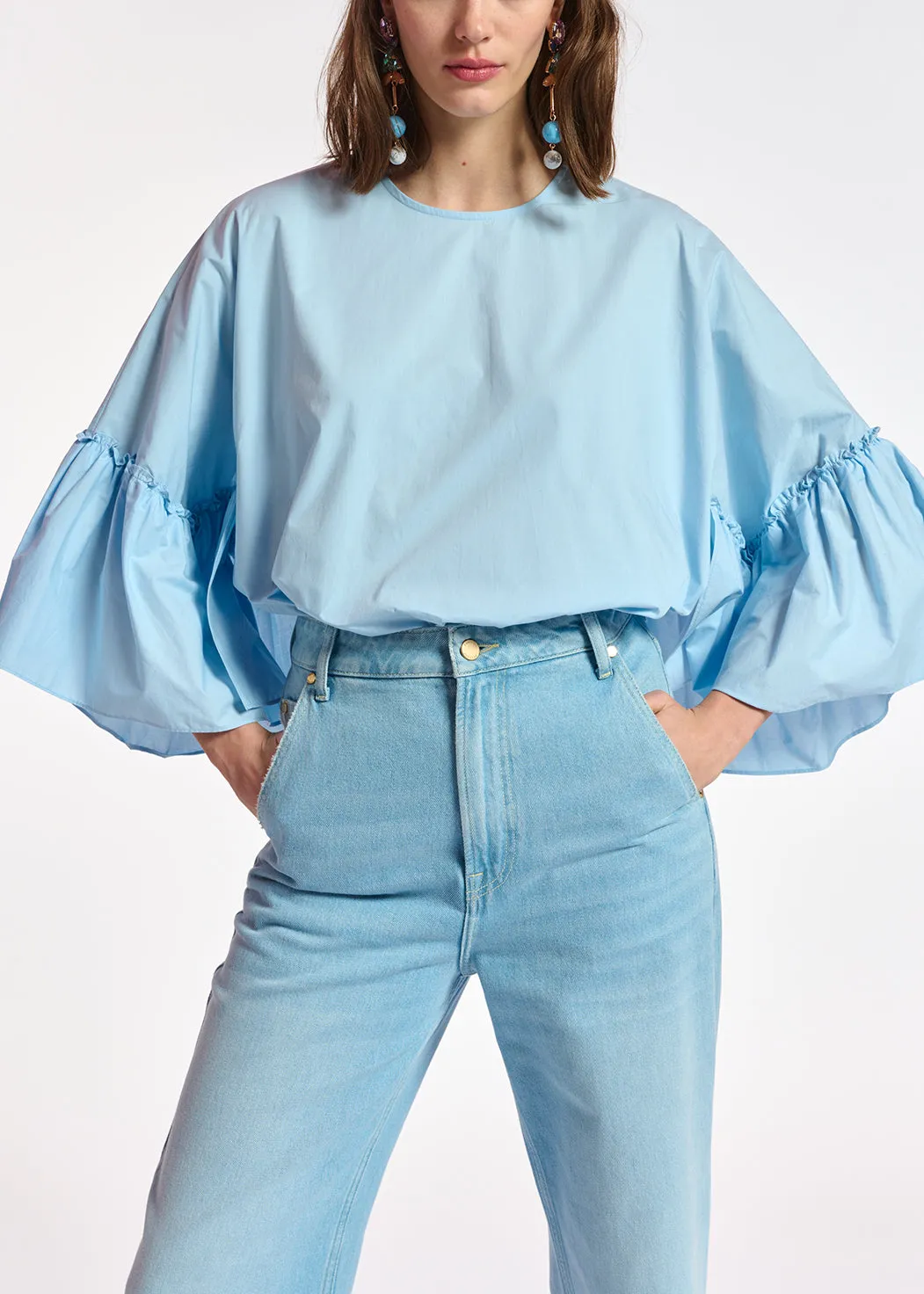 Light blue cotton top with ruffled sleeves