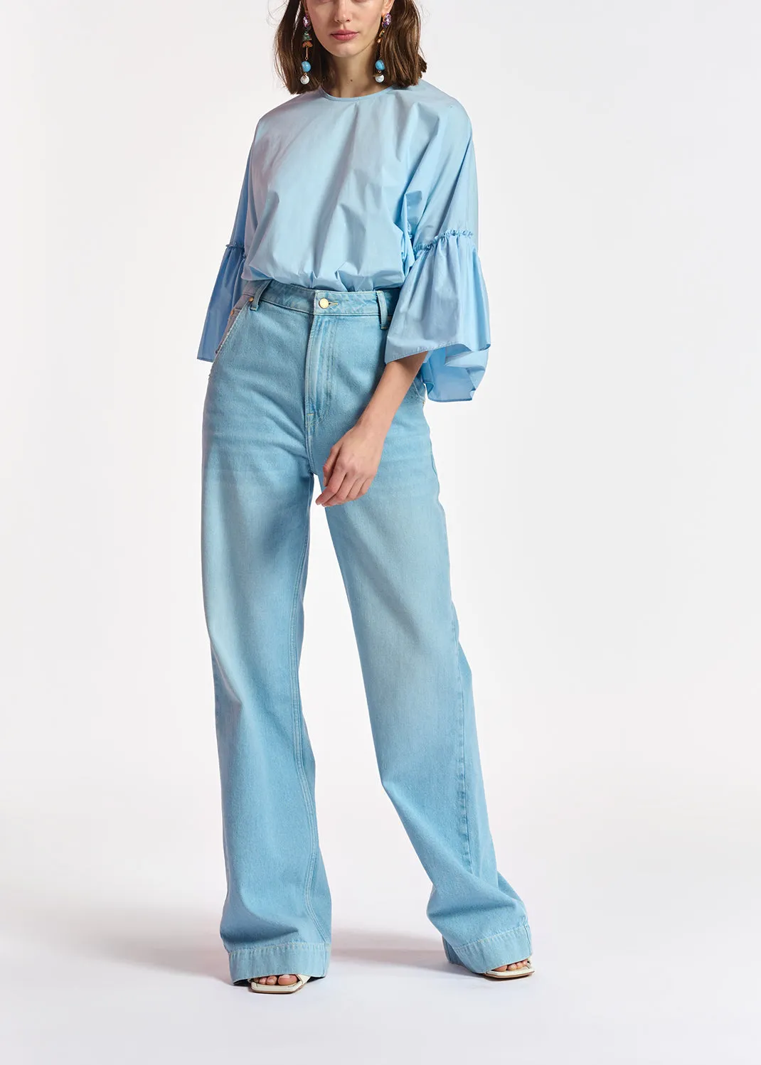 Light blue cotton top with ruffled sleeves
