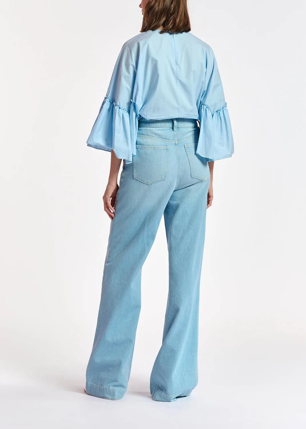 Light blue cotton top with ruffled sleeves