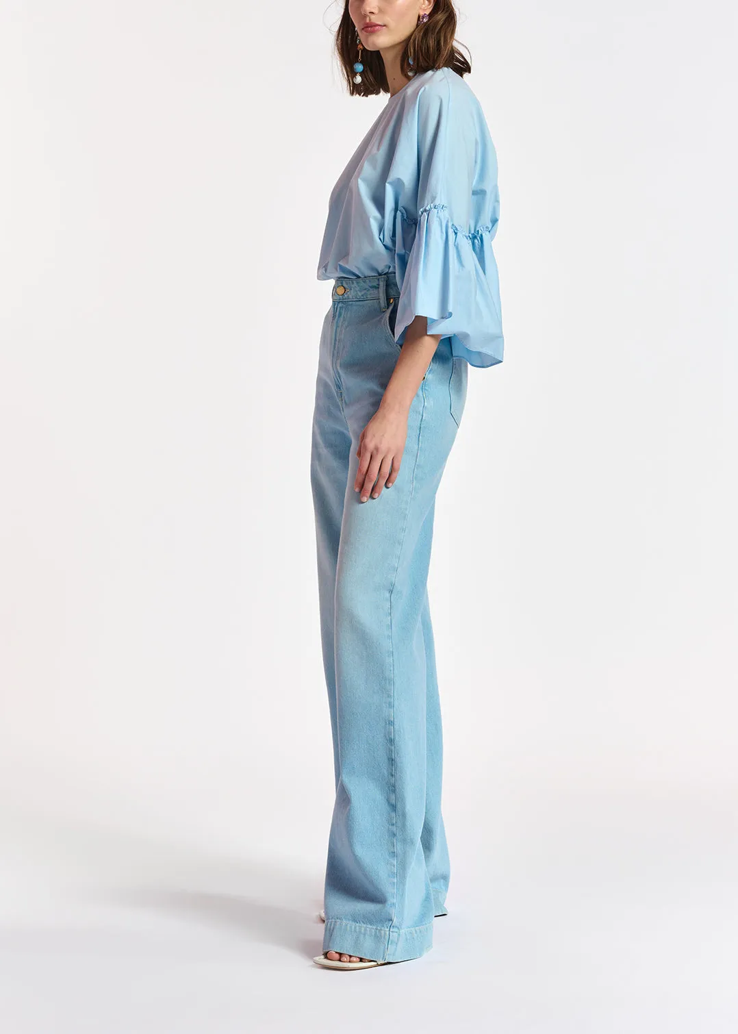 Light blue cotton top with ruffled sleeves