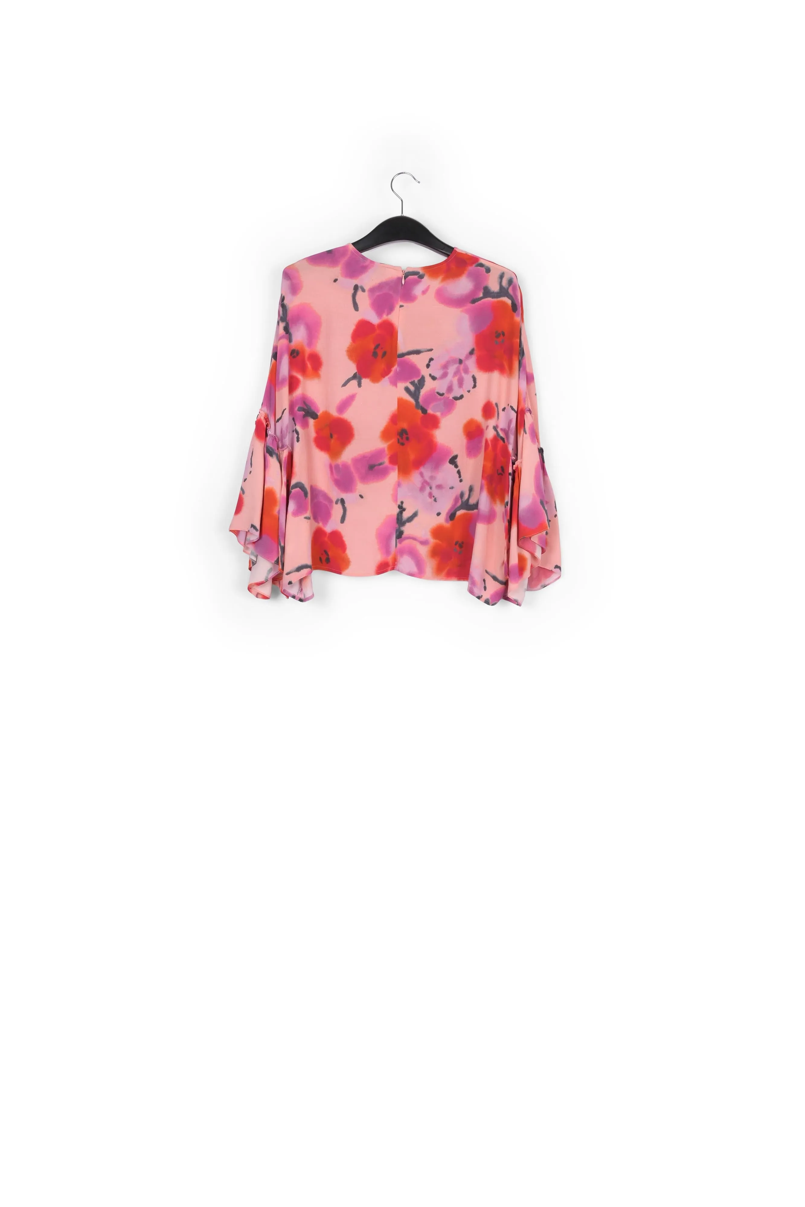 Light pink, red and purple floral printed top with ruffled sleeves