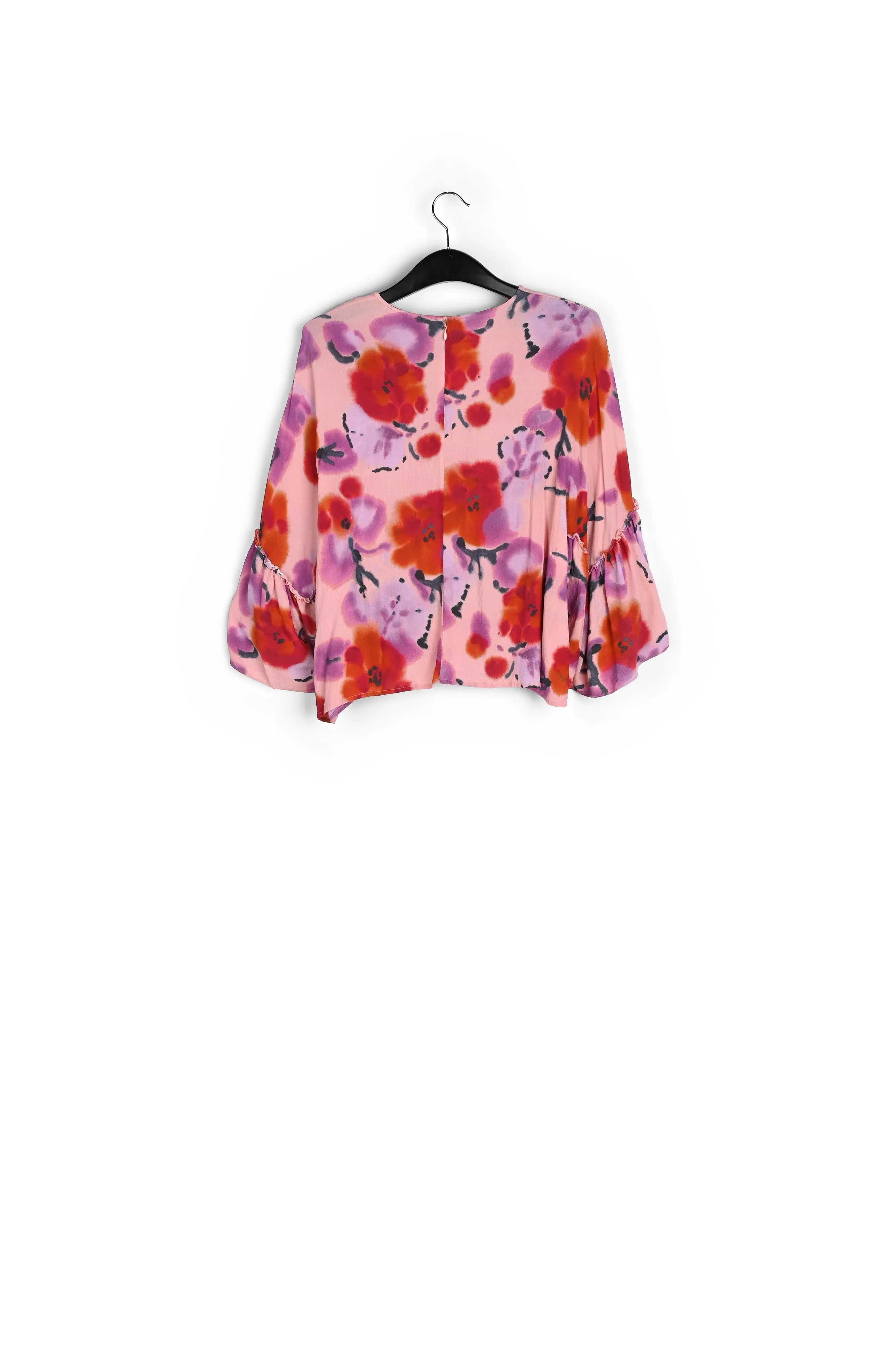 Light pink, red and purple floral printed top with ruffled sleeves