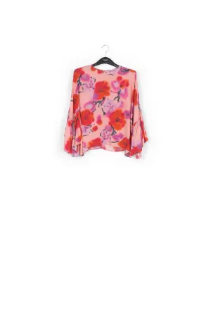 Light pink, red and purple floral printed top with ruffled sleeves