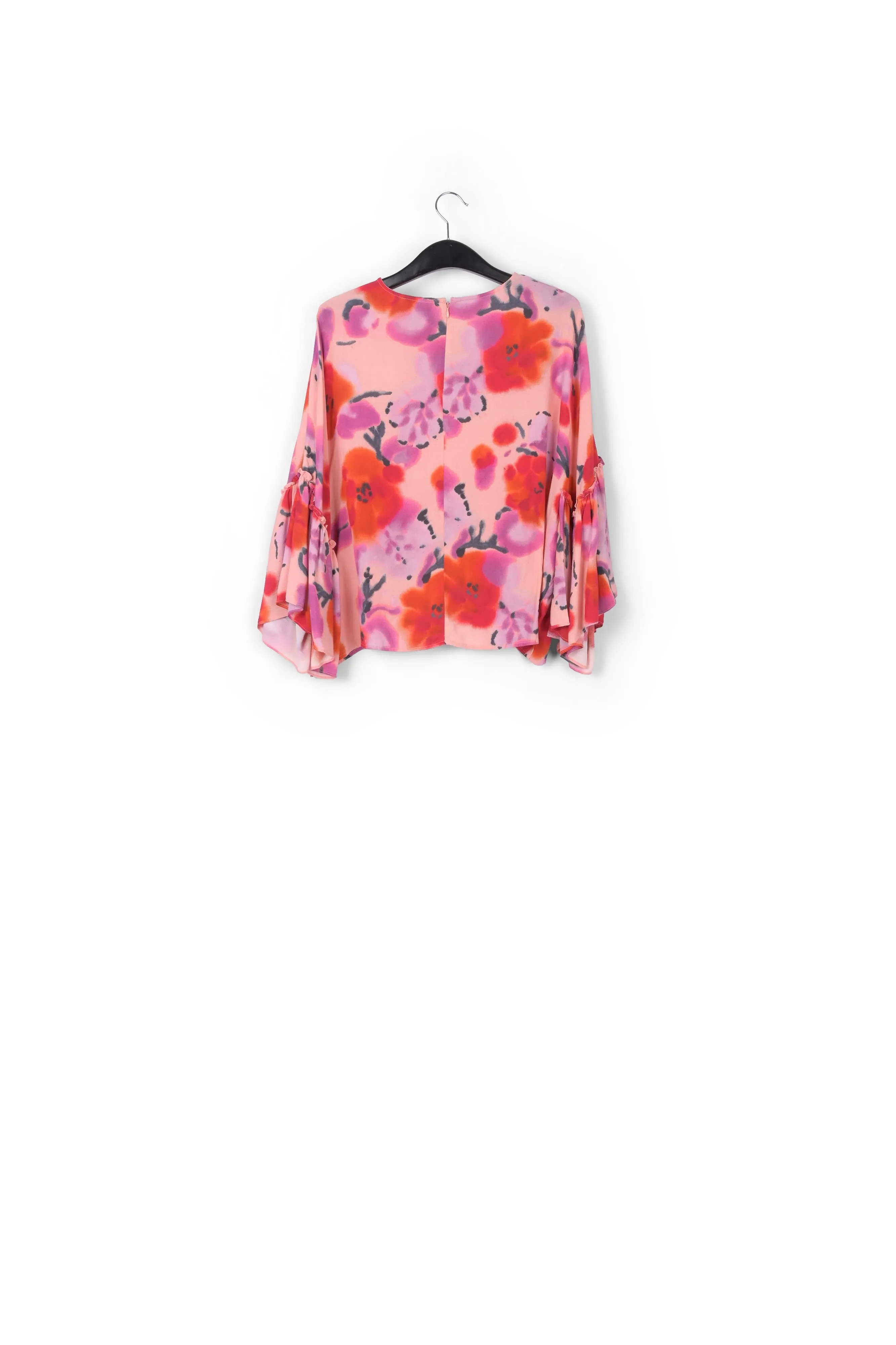 Light pink, red and purple floral printed top with ruffled sleeves