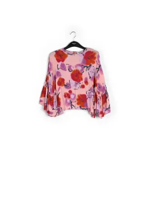 Light pink, red and purple floral printed top with ruffled sleeves