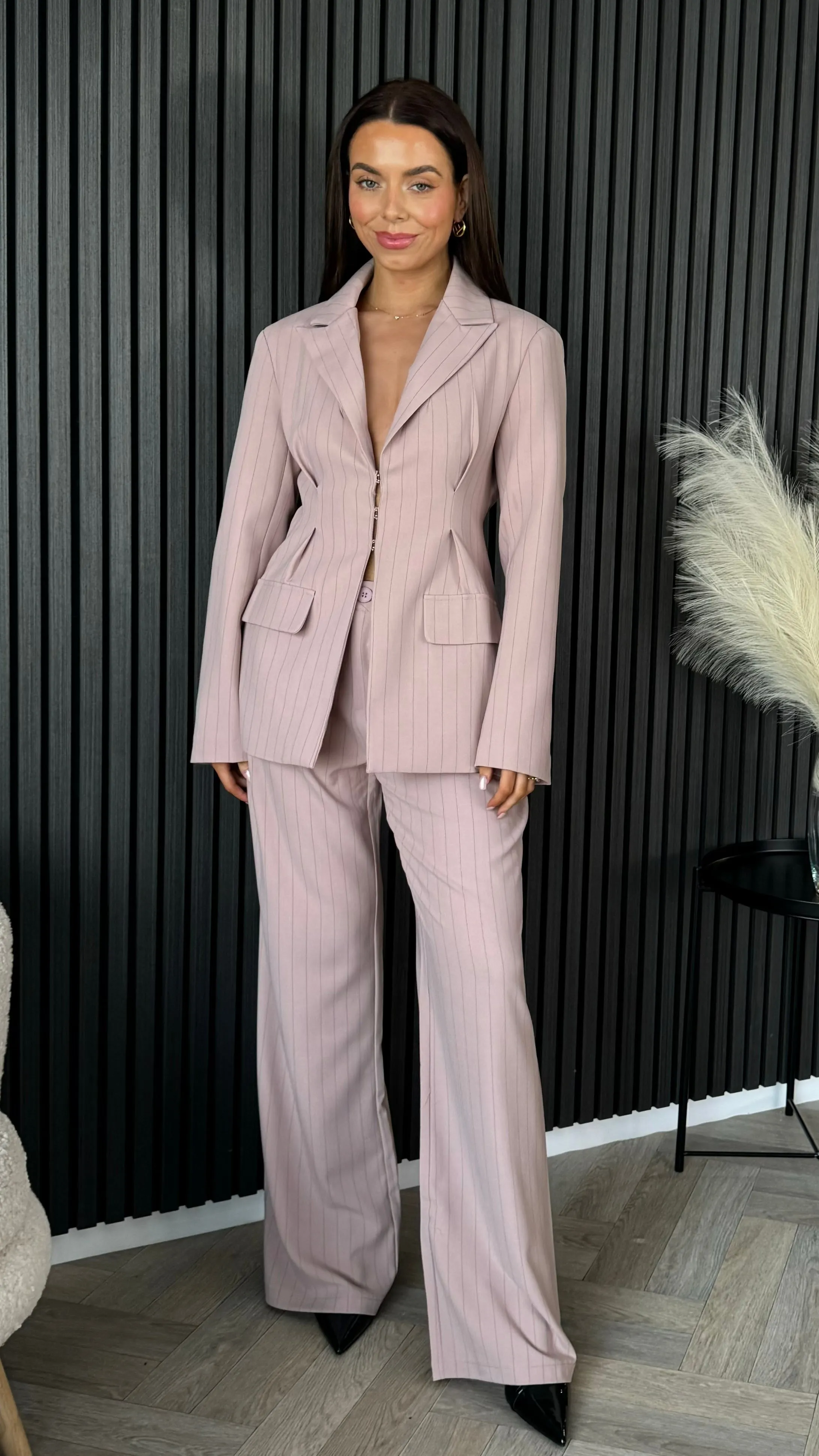 Mara Rose Pink Pinstripe Longline Blazer & Flared Trousers