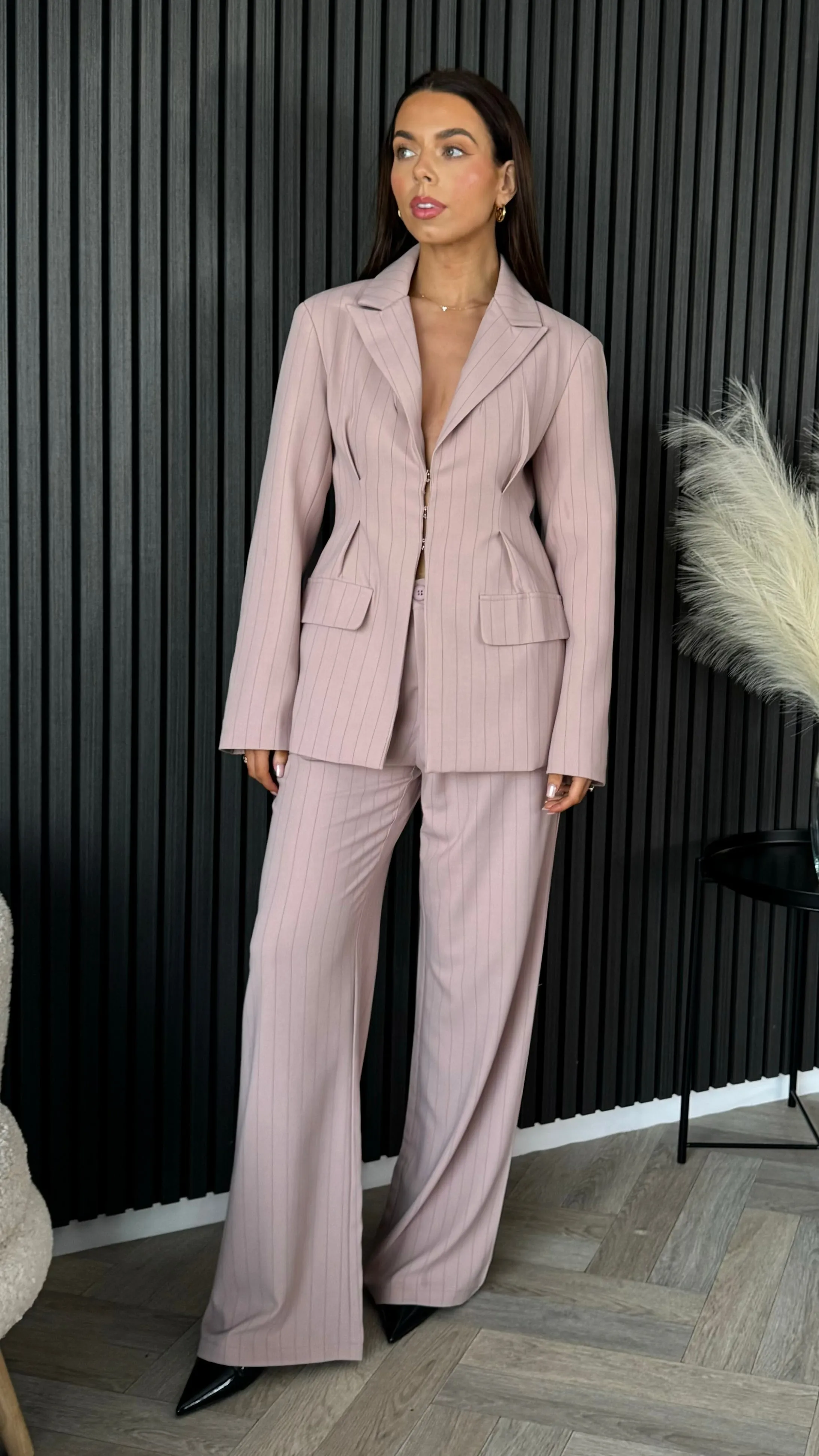 Mara Rose Pink Pinstripe Longline Blazer & Flared Trousers