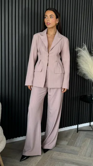 Mara Rose Pink Pinstripe Longline Blazer & Flared Trousers