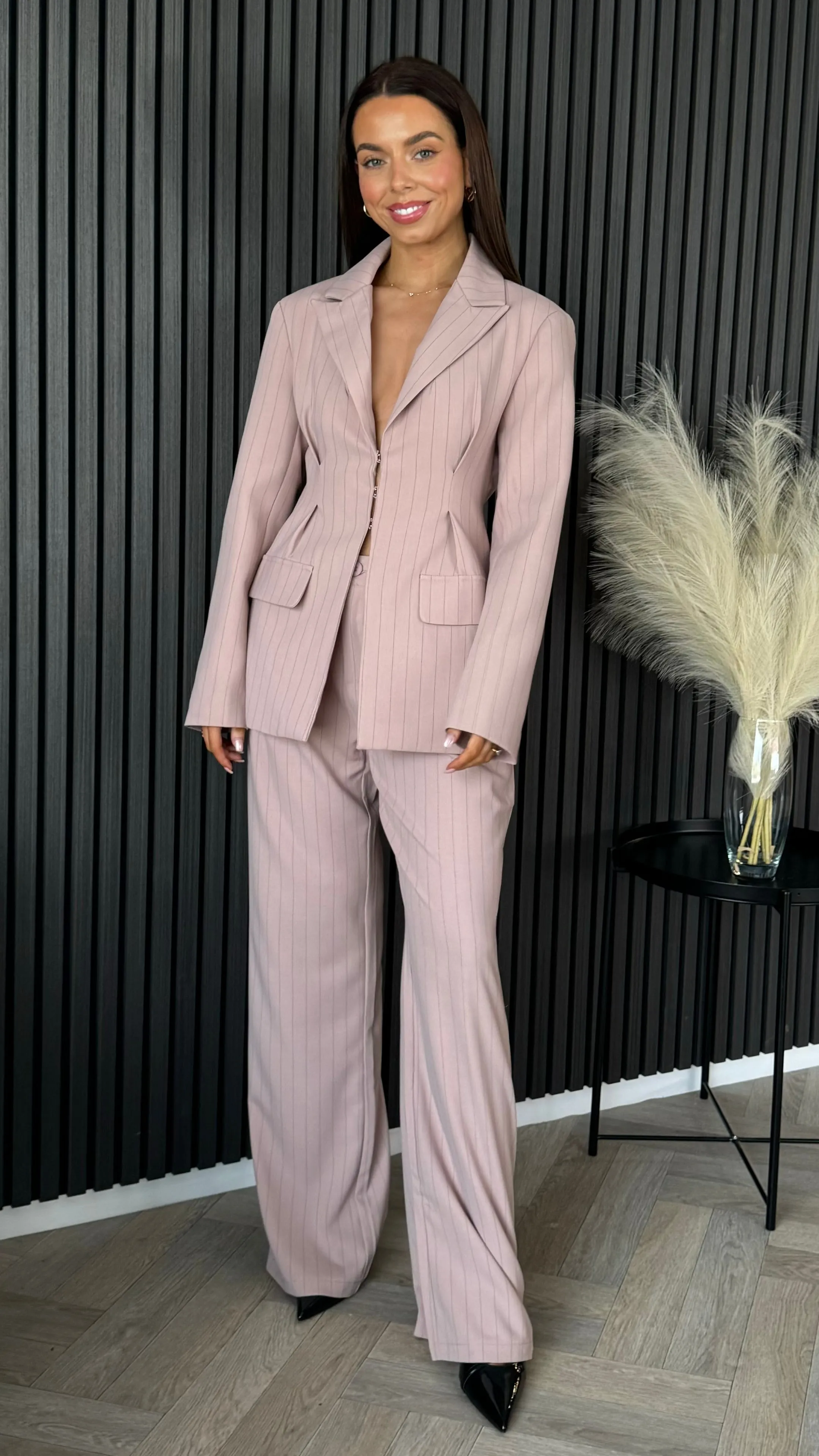Mara Rose Pink Pinstripe Longline Blazer & Flared Trousers