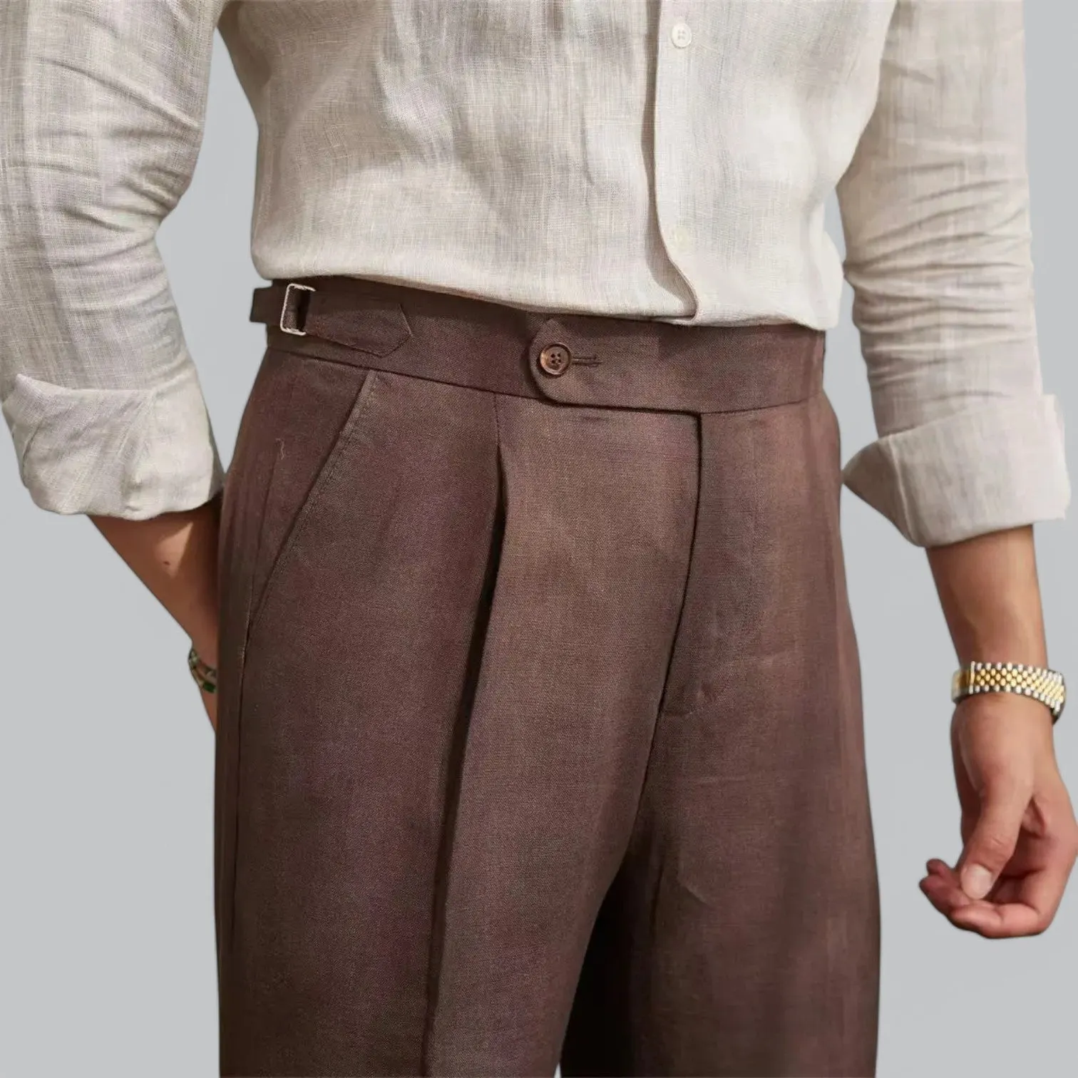 Men's Linen Straight Leg Trousers | Lightweight Pleated Capri Design, Breathable Fabric for Comfort