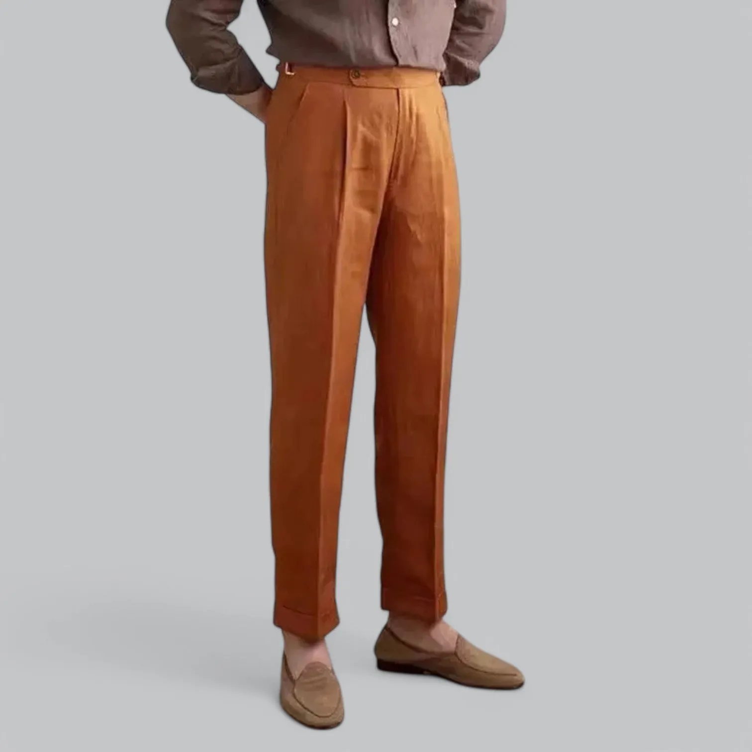 Men's Linen Straight Leg Trousers | Lightweight Pleated Capri Design, Breathable Fabric for Comfort