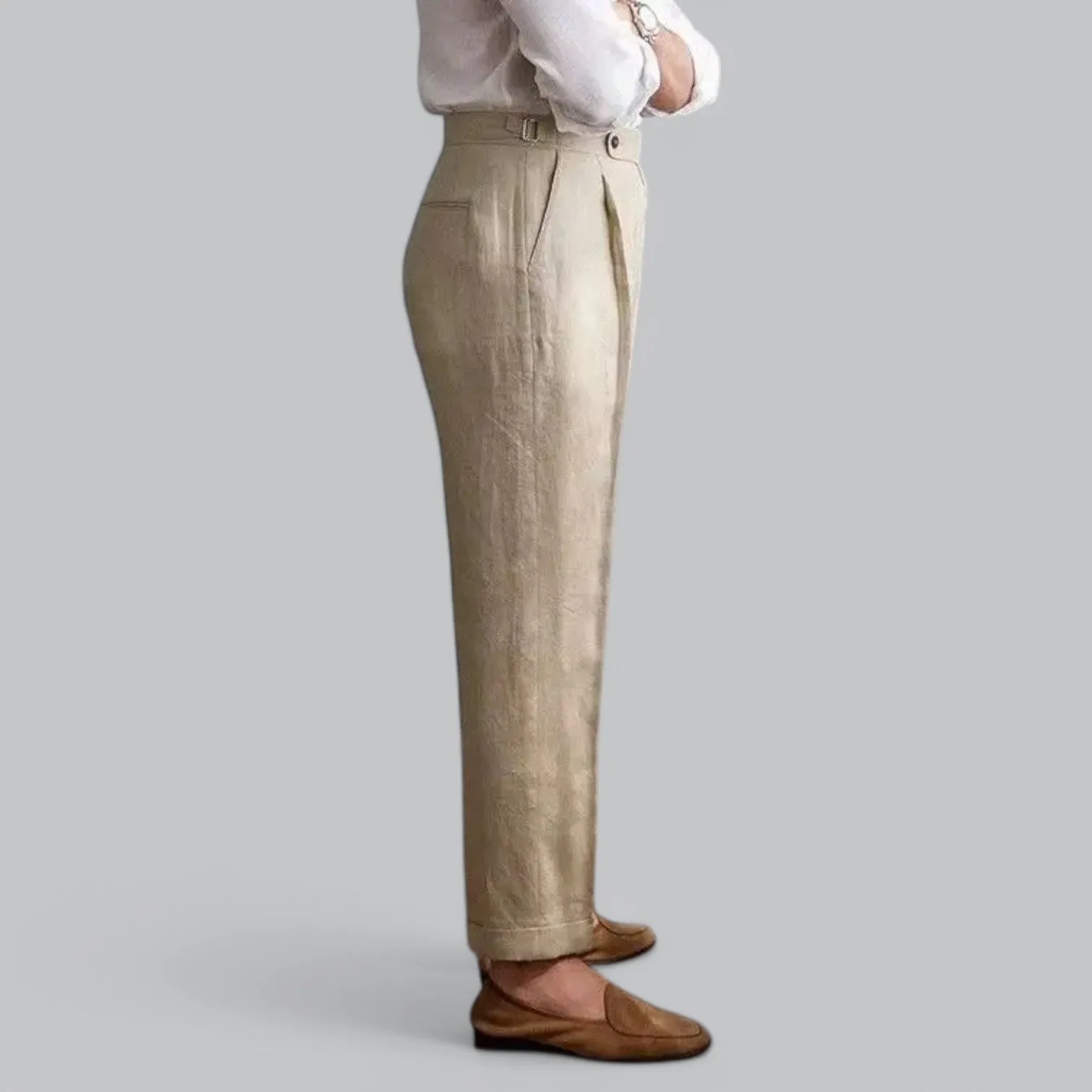 Men's Linen Straight Leg Trousers | Lightweight Pleated Capri Design, Breathable Fabric for Comfort