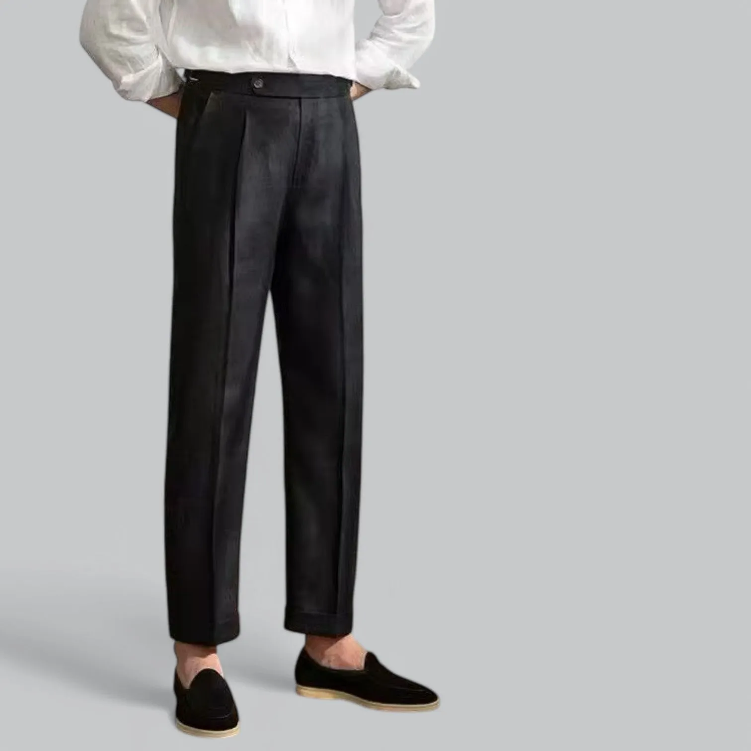 Men's Linen Straight Leg Trousers | Lightweight Pleated Capri Design, Breathable Fabric for Comfort