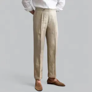 Men's Linen Straight Leg Trousers | Lightweight Pleated Capri Design, Breathable Fabric for Comfort