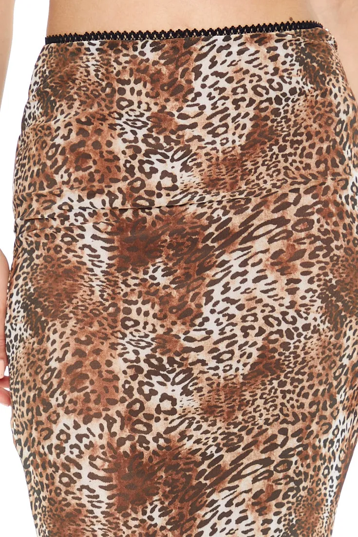 Mesh Leopard Print Midi Skirt - Brown