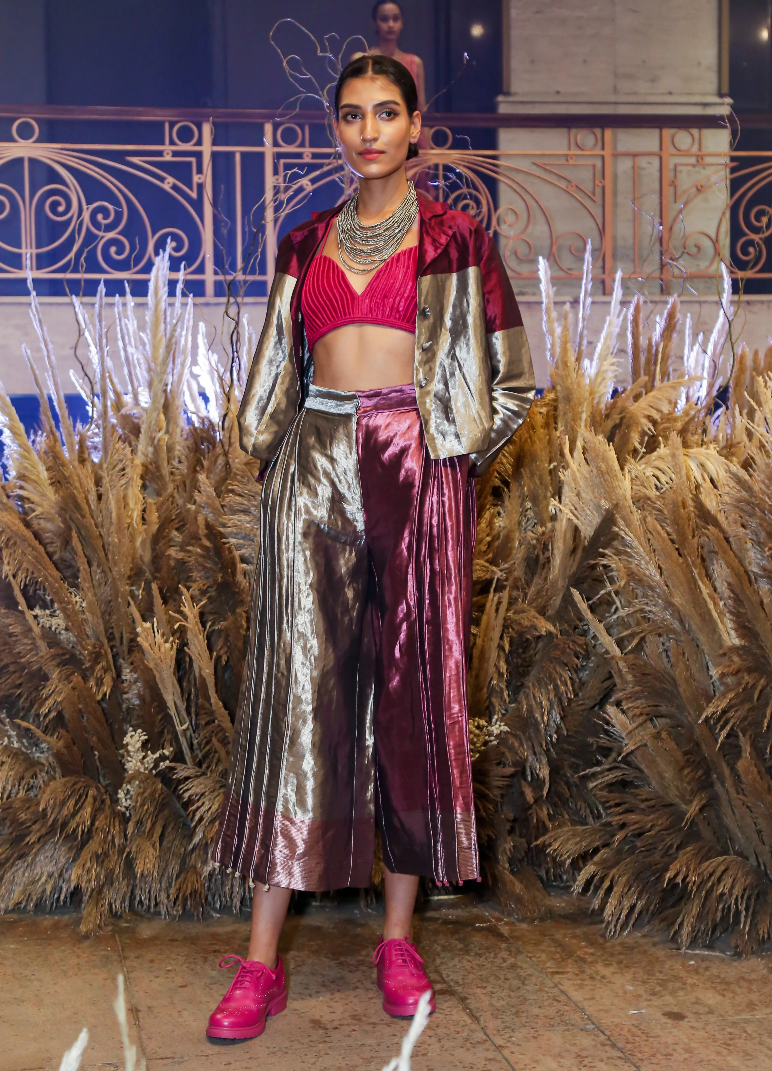 Metallic asymmetric flared trousers