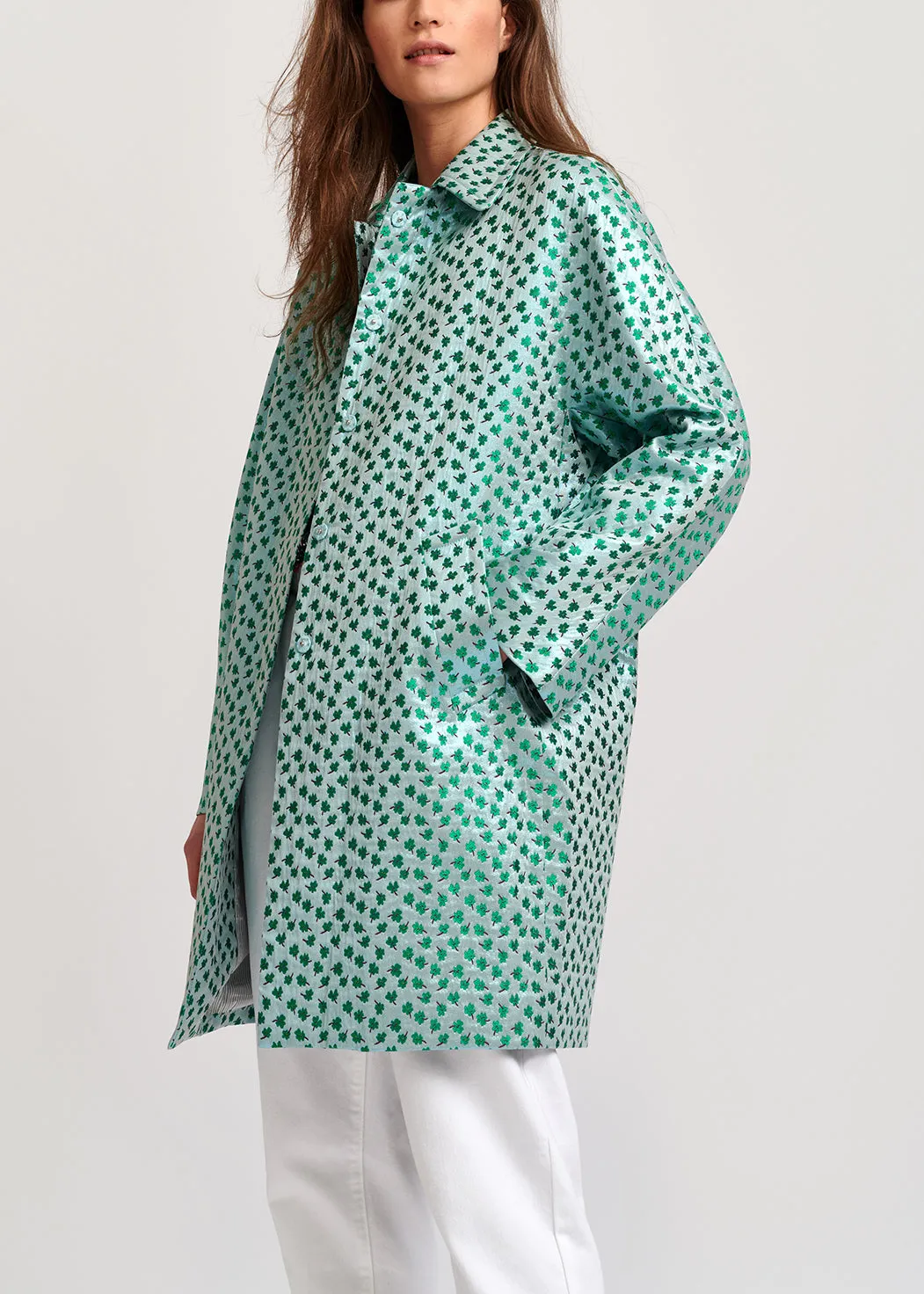 Mint green clover-print single-breasted coat