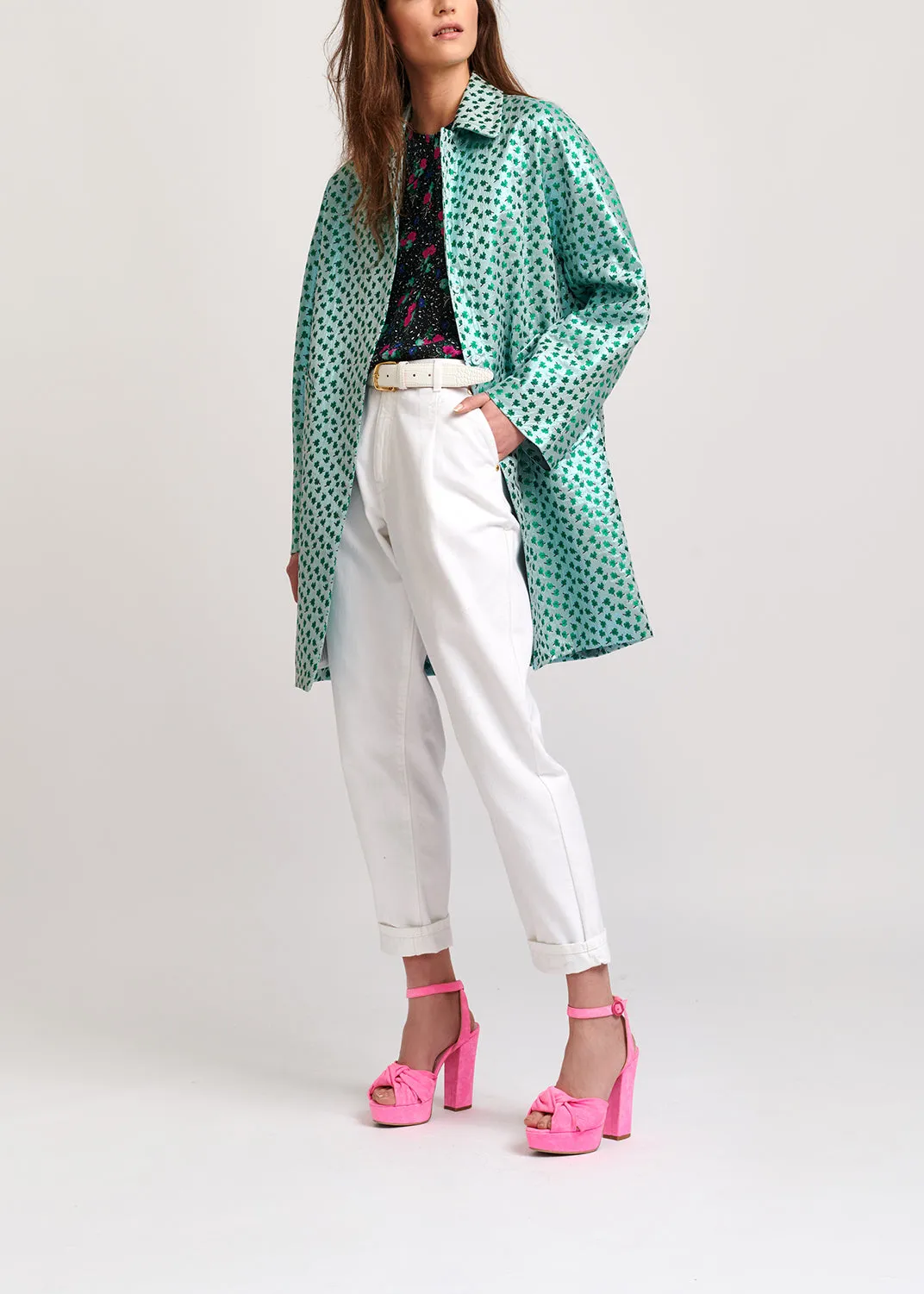 Mint green clover-print single-breasted coat