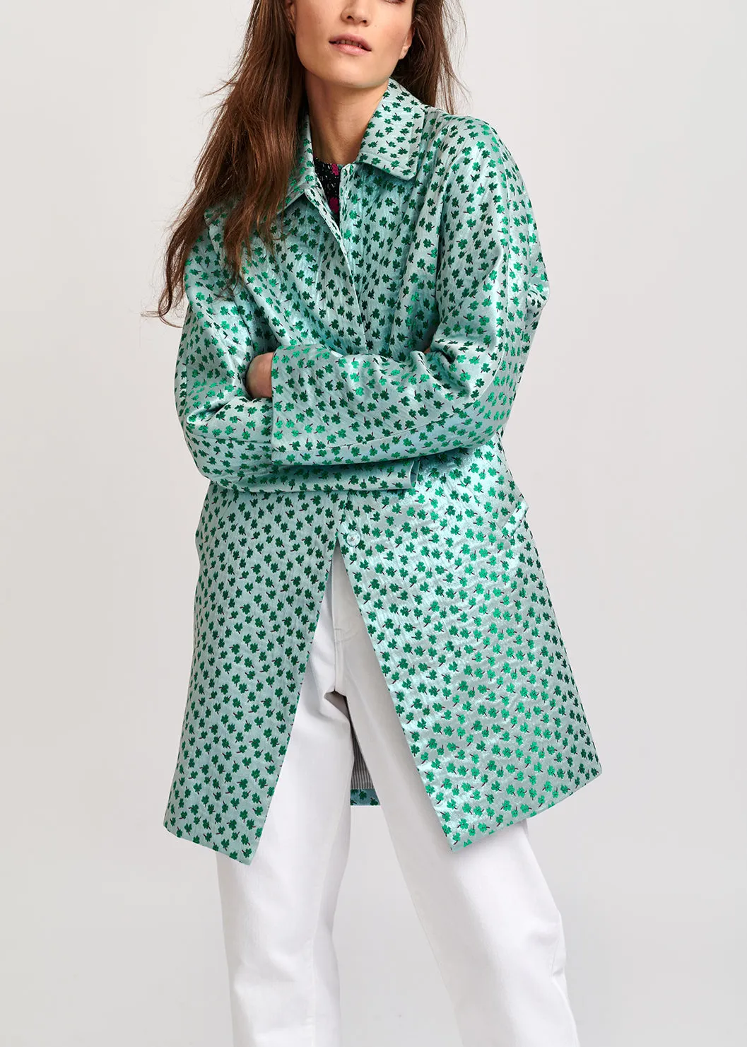 Mint green clover-print single-breasted coat