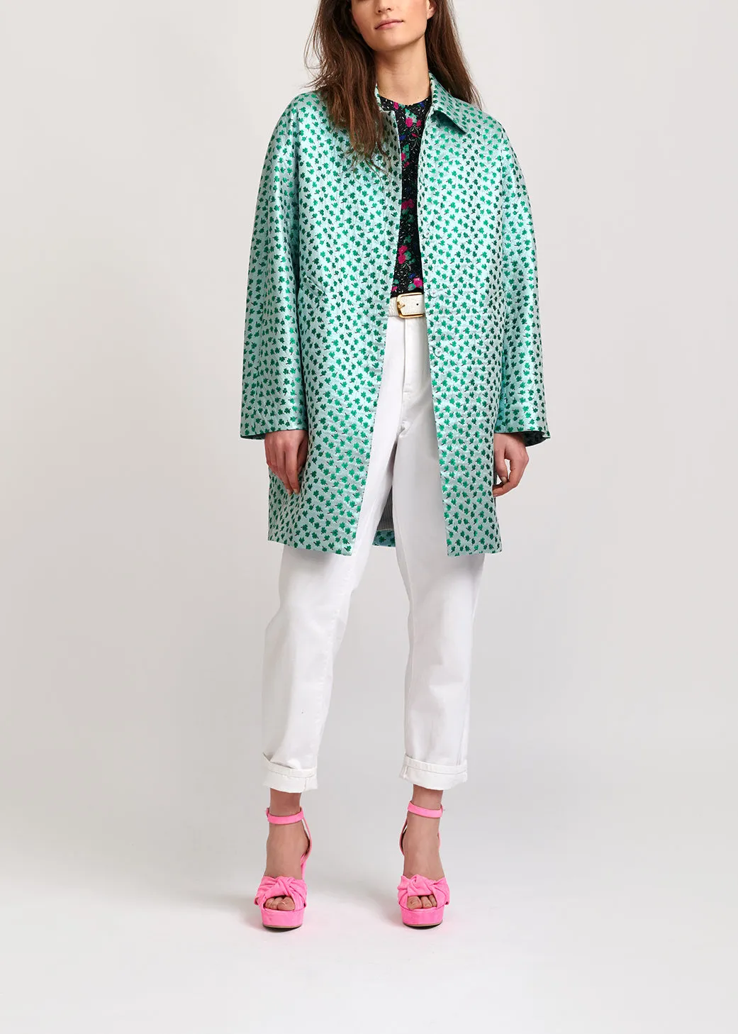 Mint green clover-print single-breasted coat